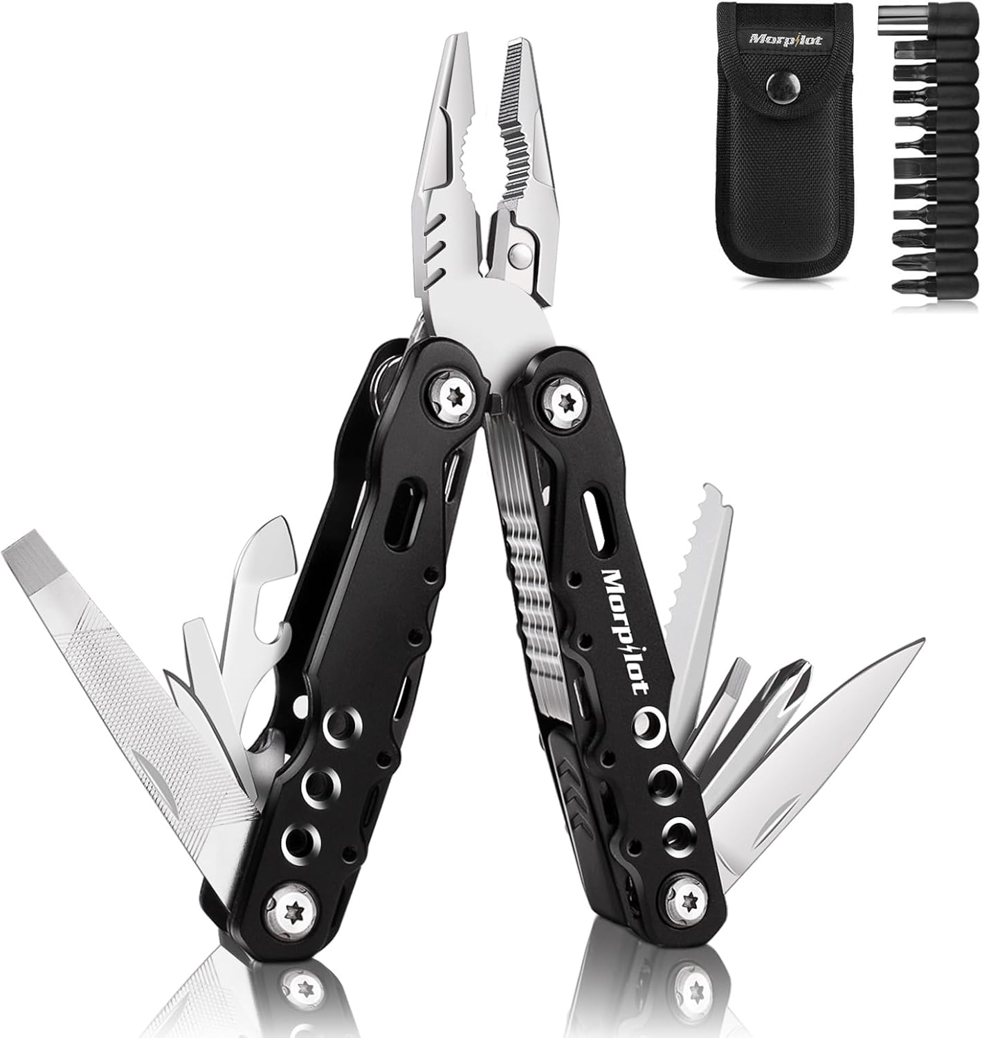 morpilot Multitool Werkzeug, 25 in 1 Faltbares Edelstahl Multifunktionale Zange, Multitools als Schneider, Flaschenöffner und Karabiner, mit 11 Schraubendreher Bits und Gurtcliptasche 1 morpilot Multitool Werkzeug, 25 in 1 Faltbares Edelstahl Multifunktionale Zange, Multitools als Schneider, Flaschenöffner und Karabiner, mit 11 Schraubendreher Bits und Gurtcliptasche