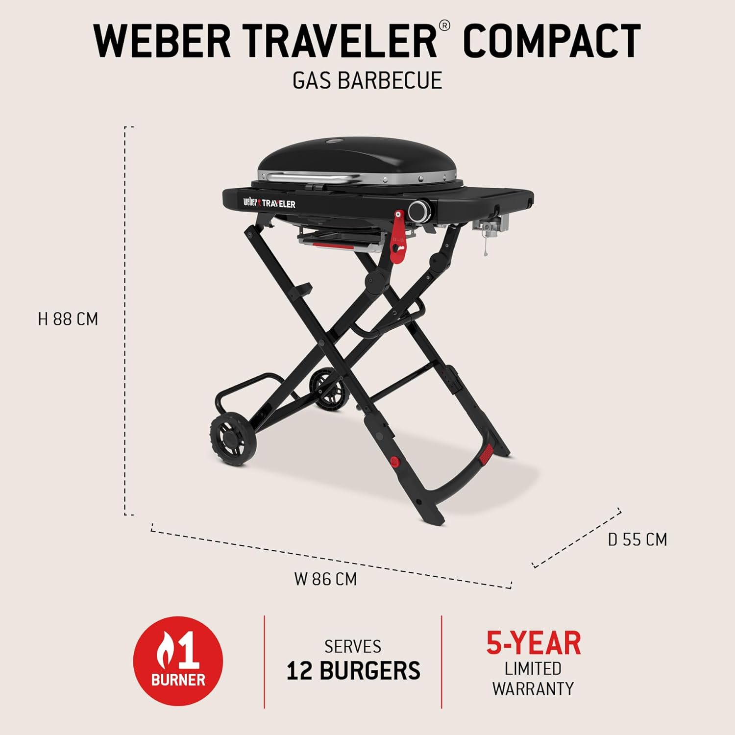 Weber Traveler Compact Gasgrill mit klappbarem Untergestell und Rädern | Tragbarer Grill, Porzellanemaillierte Gusseisen-Grillroste, Deckelthermometer, 3,81 kW Brenner, 2065 cm² Grillfläche, Schwarz 5 Weber Traveler Compact Gasgrill mit klappbarem Untergestell und Rädern | Tragbarer Grill, Porzellanemaillierte Gusseisen-Grillroste, Deckelthermometer, 3,81 kW Brenner, 2065 cm² Grillfläche, Schwarz – Bild 5