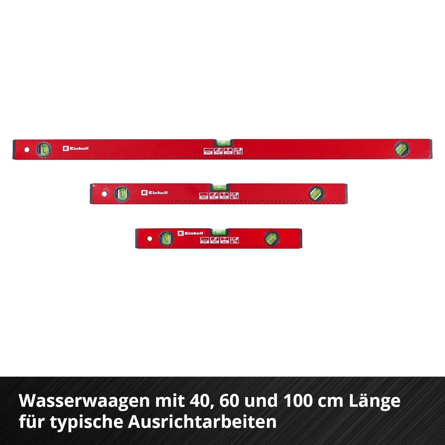 Einhell 3-tlg. Basic Wasserwaagen-Set | 40 / 60 / 100 cm | 3 Libellen | geschliffene Messfläche | ±0,5 mm/m Messgenauigkeit | Aluminiumprofil | Stoßkappen 3 Einhell 3-tlg. Basic Wasserwaagen-Set | 40 / 60 / 100 cm | 3 Libellen | geschliffene Messfläche | ±0,5 mm/m Messgenauigkeit | Aluminiumprofil | Stoßkappen – Bild 3