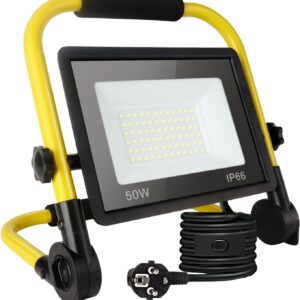 50W Led Baustrahler,5400LM Superhelle Arbeitsleuchte,Tragbares Baustrahler,6000K TageslichtWeiß,Ip66 Wasserdicht,Eu-Stecker Bauleuchten mit 3.5M Kabel und Schalter für Werkstatt,Garage,Garten