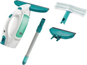 Leifheit Fenstersauger Set Dry & Clean mit Stiel, Einwascher, schmale Düse | Streifenfrei Fenster reinigen, 28 cm und 17 cm Absaugdüse, Einwascher, 43 cm Click-System-Stiel, glatte Flächen, weiß/türkis