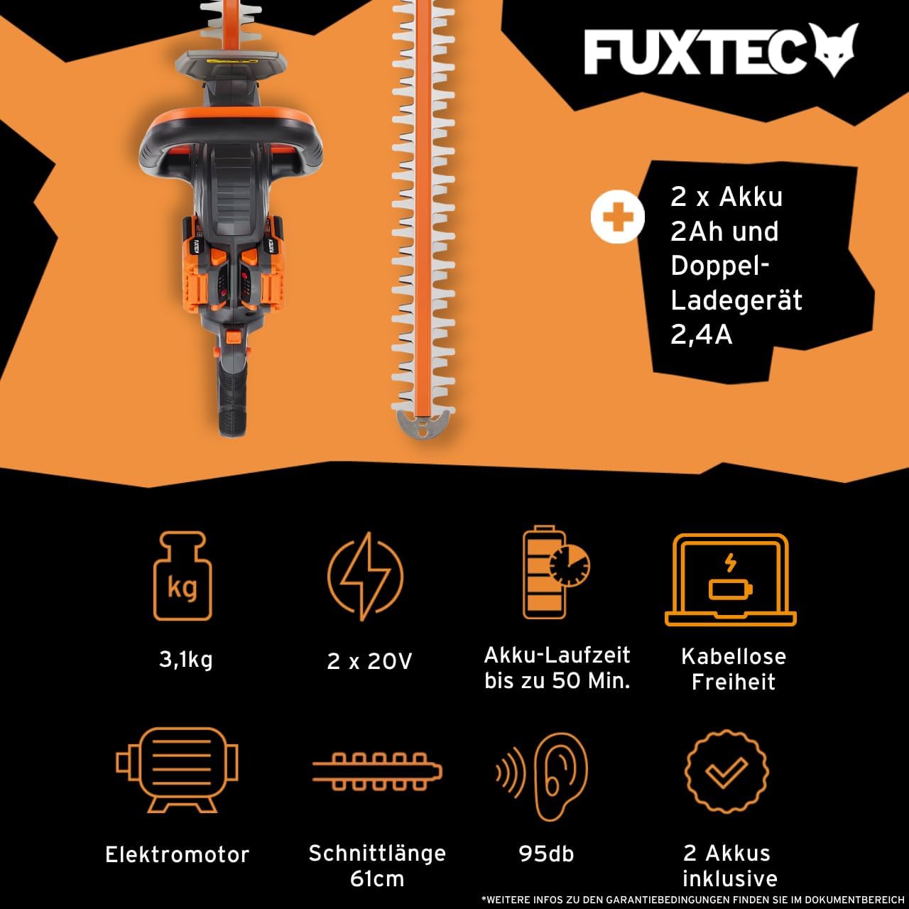 FUXTEC 40V Akku Heckenschere FX-E2HSSET • 61cm Schnittlänge • 26 mm Schnittstärke • 2X 20V Li-Ion Akku • Drehbarer Griff • Elektrische Bremse • Heckentrimmer für Sträucher und Hecken 2 FUXTEC 40V Akku Heckenschere FX-E2HSSET • 61cm Schnittlänge • 26 mm Schnittstärke • 2X 20V Li-Ion Akku • Drehbarer Griff • Elektrische Bremse • Heckentrimmer für Sträucher und Hecken – Bild 2