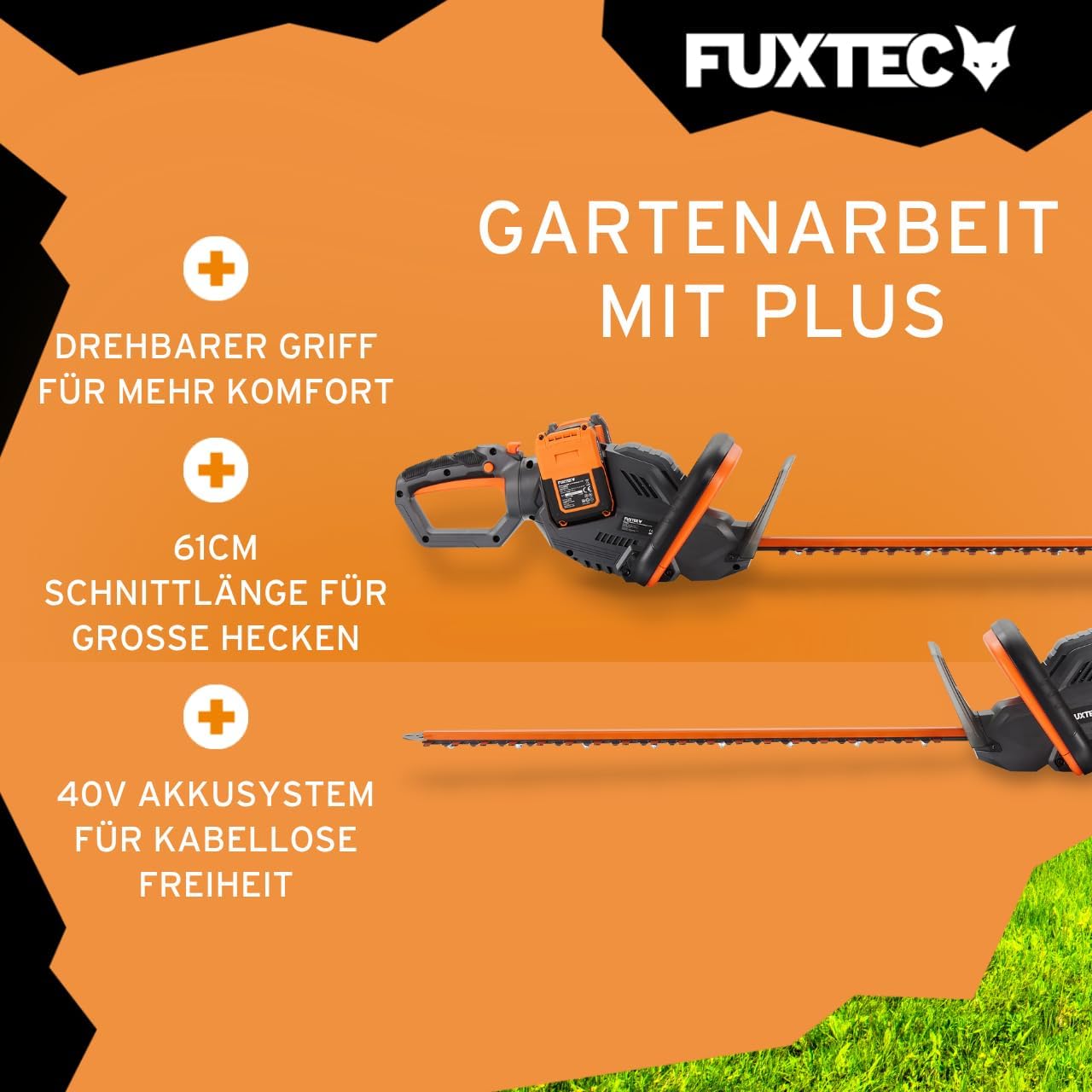 FUXTEC 40V Akku Heckenschere FX-E2HSSET • 61cm Schnittlänge • 26 mm Schnittstärke • 2X 20V Li-Ion Akku • Drehbarer Griff • Elektrische Bremse • Heckentrimmer für Sträucher und Hecken 4 FUXTEC 40V Akku Heckenschere FX-E2HSSET • 61cm Schnittlänge • 26 mm Schnittstärke • 2X 20V Li-Ion Akku • Drehbarer Griff • Elektrische Bremse • Heckentrimmer für Sträucher und Hecken – Bild 4