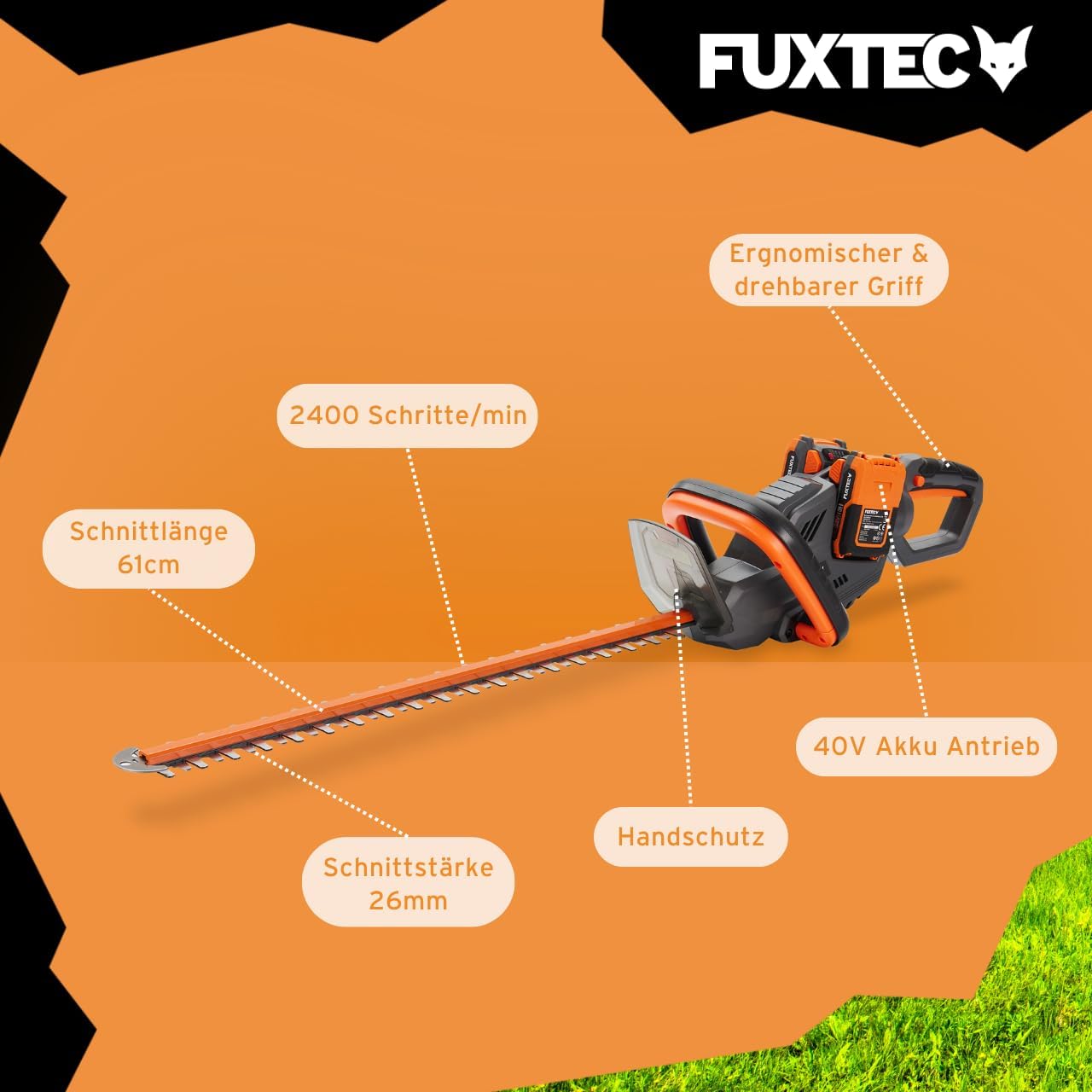 FUXTEC 40V Akku Heckenschere FX-E2HSSET • 61cm Schnittlänge • 26 mm Schnittstärke • 2X 20V Li-Ion Akku • Drehbarer Griff • Elektrische Bremse • Heckentrimmer für Sträucher und Hecken 3 FUXTEC 40V Akku Heckenschere FX-E2HSSET • 61cm Schnittlänge • 26 mm Schnittstärke • 2X 20V Li-Ion Akku • Drehbarer Griff • Elektrische Bremse • Heckentrimmer für Sträucher und Hecken – Bild 3