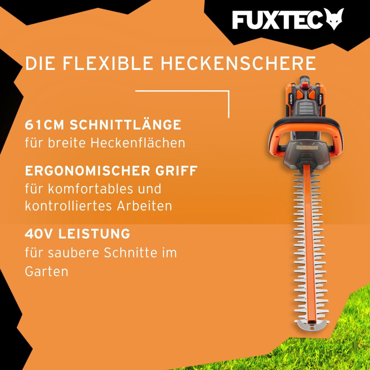 FUXTEC 40V Akku Heckenschere FX-E2HSSET • 61cm Schnittlänge • 26 mm Schnittstärke • 2X 20V Li-Ion Akku • Drehbarer Griff • Elektrische Bremse • Heckentrimmer für Sträucher und Hecken 5 FUXTEC 40V Akku Heckenschere FX-E2HSSET • 61cm Schnittlänge • 26 mm Schnittstärke • 2X 20V Li-Ion Akku • Drehbarer Griff • Elektrische Bremse • Heckentrimmer für Sträucher und Hecken – Bild 5
