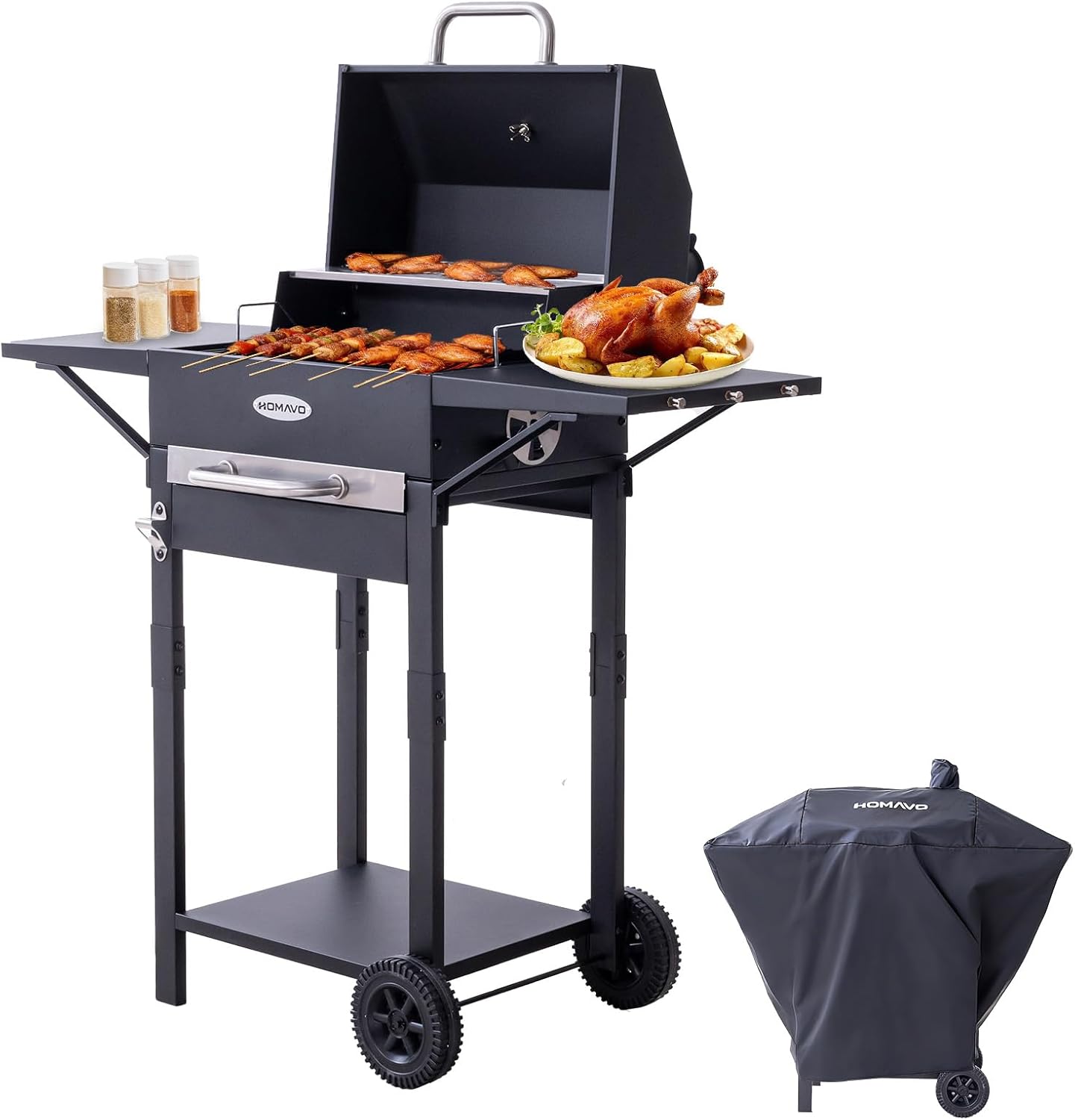Holzkohlegrill mit Deckel und Abdeckhaube, 2-in-1 Stand- & Tischgrill, Kompakter Balkon Grillwagen, Thermometer, Warmhalterost, Wettergeschützt und Mobil 1 Holzkohlegrill mit Deckel und Abdeckhaube, 2-in-1 Stand- & Tischgrill, Kompakter Balkon Grillwagen, Thermometer, Warmhalterost, Wettergeschützt und Mobil