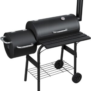 Holzkohle Smoker Grill BBQ mit 2 Kammern, Grillwagen mit Thermometer, Smoker Grill für indirektes Grillen & Räuchern, fahrbarer Garten Grill mit Ablagen, Schwarz