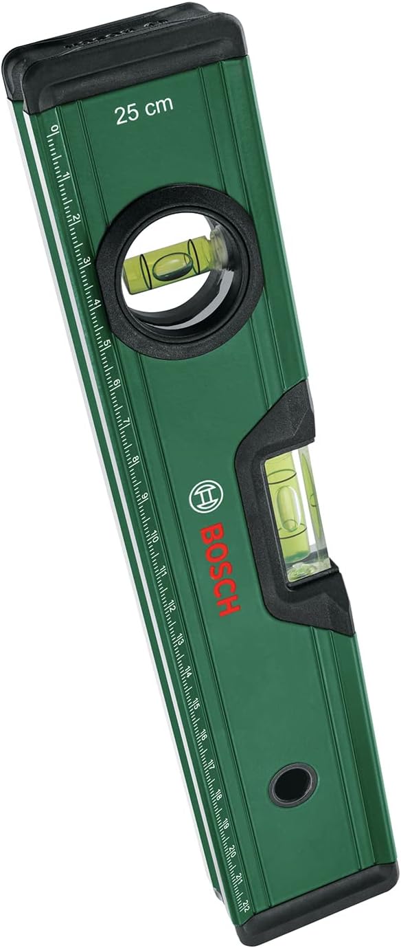 Bosch Wasserwaage 25cm (präzise Ausrichtung mit 2 fluoreszierenden Libellen für horizontales und vertikales Ablesen; metrische Skala; hochpräzise; Aluminiumgehäuse; Softgrip-Stoßfänger; V-Nut) 1 Bosch Wasserwaage 25cm (präzise Ausrichtung mit 2 fluoreszierenden Libellen für horizontales und vertikales Ablesen; metrische Skala; hochpräzise; Aluminiumgehäuse; Softgrip-Stoßfänger; V-Nut)