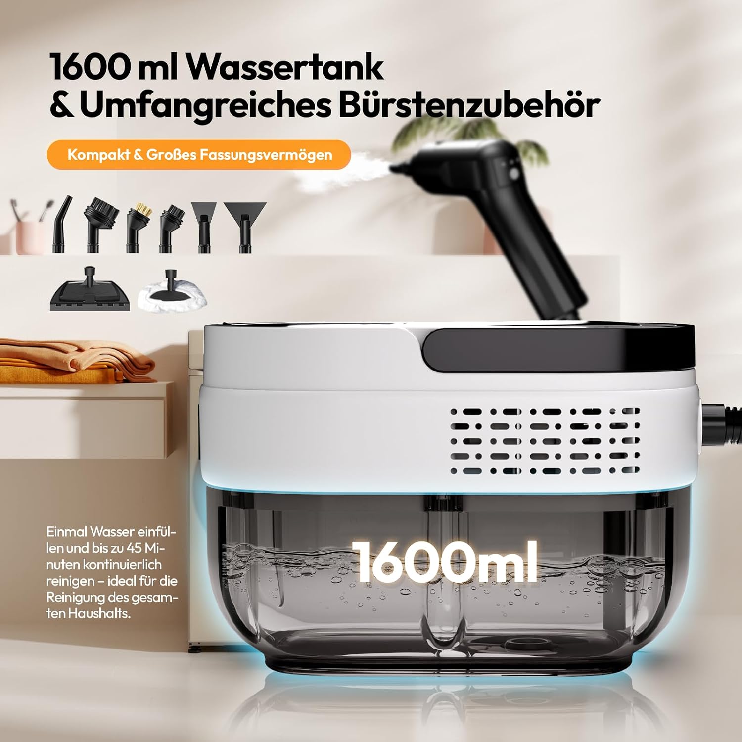 Dampfreiniger Handgerät, 3-stufiger verstellbarer Griff, 1,6L Wassertank | 15s Aufheizzeit, 15 Zubehörteilen, Hochdruck Dampfreiniger für Alles, Steam Cleaner für Küche, Bad, Polster, Auto, Fenster 4 Dampfreiniger Handgerät, 3-stufiger verstellbarer Griff, 1,6L Wassertank | 15s Aufheizzeit, 15 Zubehörteilen, Hochdruck Dampfreiniger für Alles, Steam Cleaner für Küche, Bad, Polster, Auto, Fenster – Bild 4