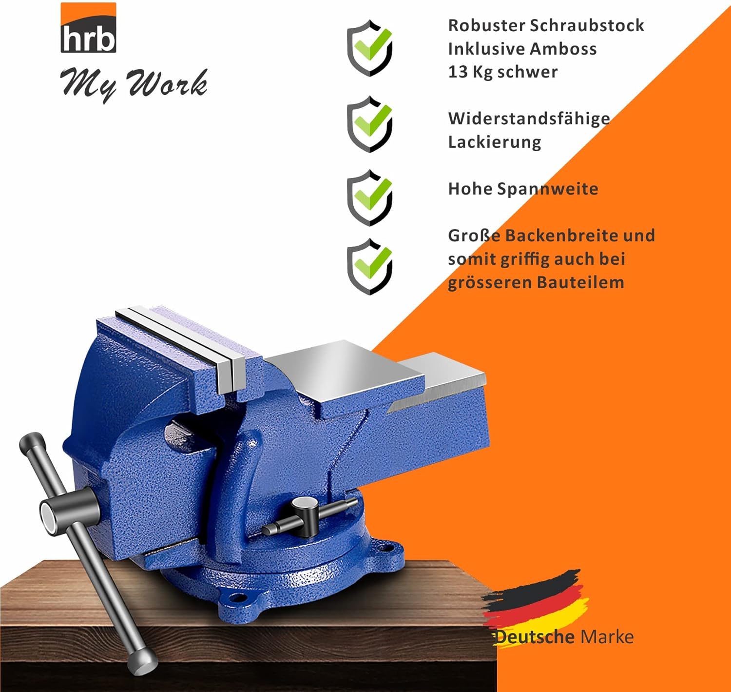 HRB Schwerer Schraubstock (160 mm Spannweite), Tischschraubstock drehbar 360°, Hochwertige feste gehärtete Stahlbacken, massive Schraubzwinge mit Hammerschlaglackierung Blau 5 HRB Schwerer Schraubstock (160 mm Spannweite), Tischschraubstock drehbar 360°, Hochwertige feste gehärtete Stahlbacken, massive Schraubzwinge mit Hammerschlaglackierung Blau – Bild 5