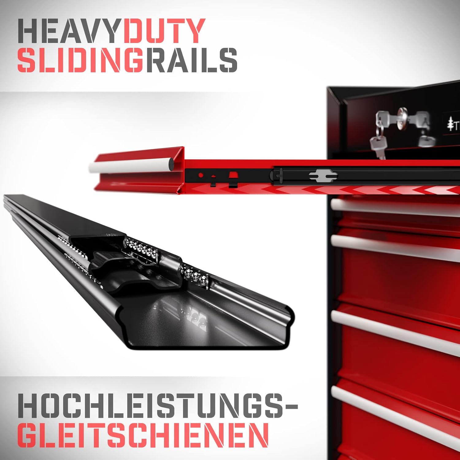 TIMBERTECH® Werkstattwagen auf Rollen - leer, 7 Schubladen mit Einlagen, abschließbar, Feststellbremse, aus Stahl, Rot-Schwarz-Werkzeugwagen, Montagewagen, Rollwagen für Werkstatt Werkzeug Zubehör 4 TIMBERTECH® Werkstattwagen auf Rollen - leer, 7 Schubladen mit Einlagen, abschließbar, Feststellbremse, aus Stahl, Rot-Schwarz-Werkzeugwagen, Montagewagen, Rollwagen für Werkstatt Werkzeug Zubehör – Bild 4