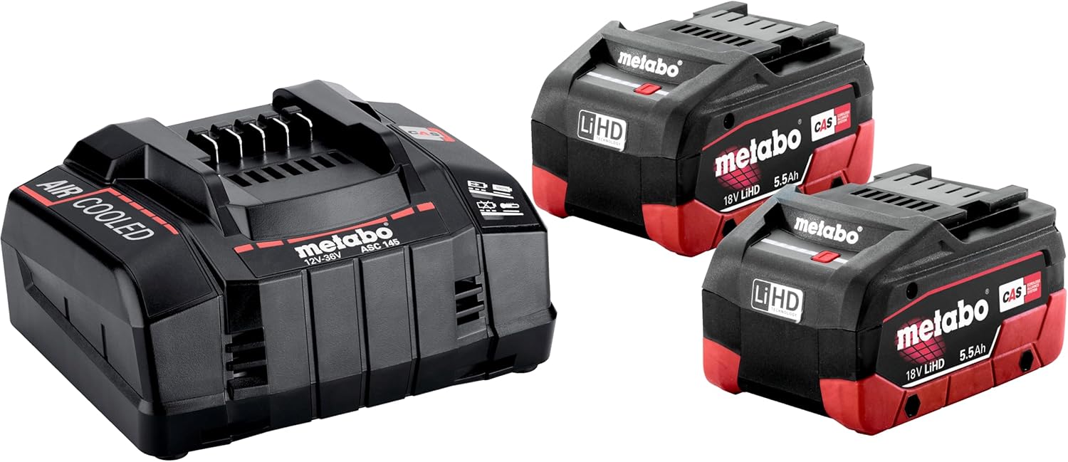 metabo Basis-Set, 18V LiHD 5.5Ah Akkupack, Ladegerät ASC 145 für Geräte | Combo System Set für Akkugeräte mit 2x 5,5Ah Akku und Schnellladegerät, passend für 12 bis 36V, Kühlbox und Maschinen 1 metabo Basis-Set, 18V LiHD 5.5Ah Akkupack, Ladegerät ASC 145 für Geräte | Combo System Set für Akkugeräte mit 2x 5,5Ah Akku und Schnellladegerät, passend für 12 bis 36V, Kühlbox und Maschinen