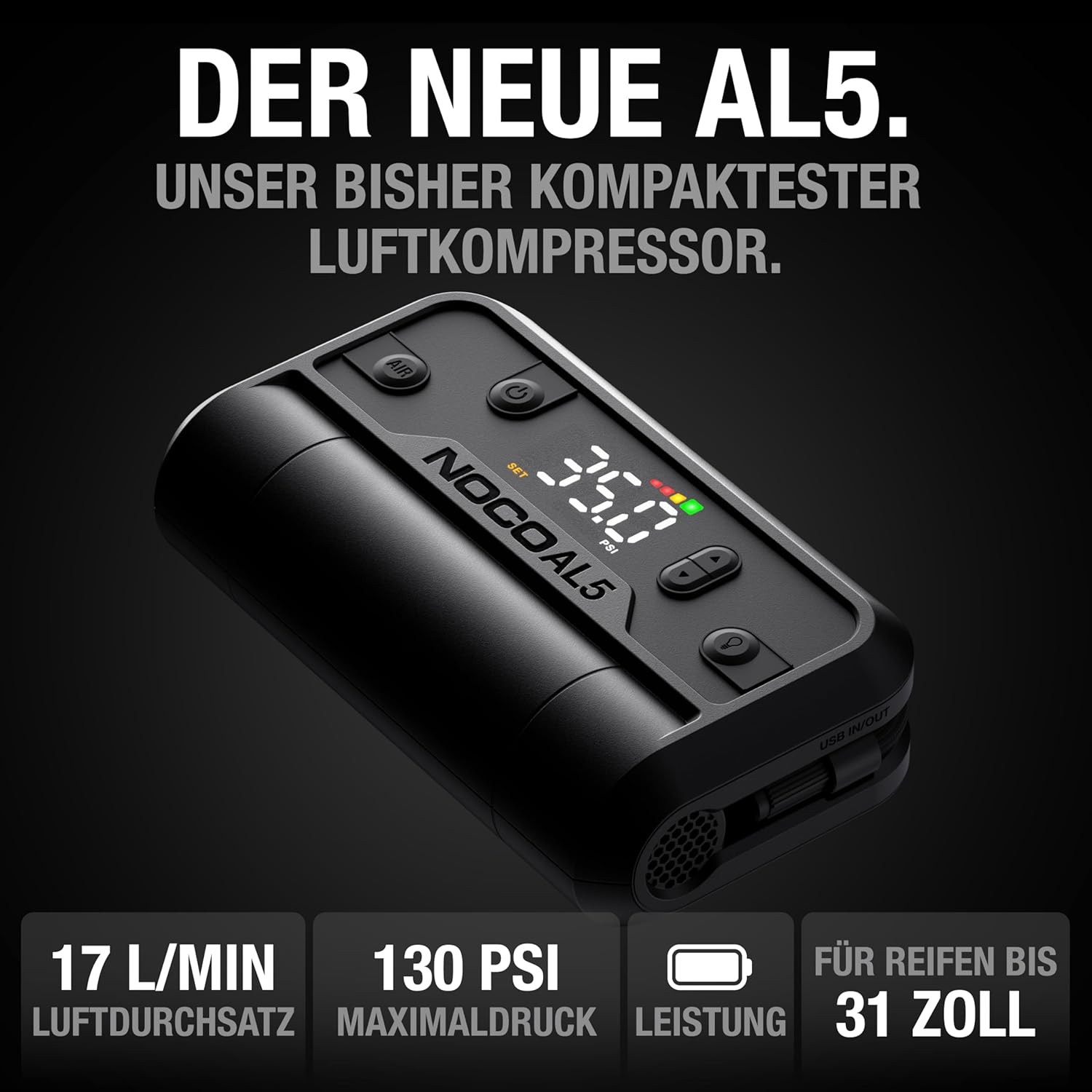 NOCO Air AL5: UltraSchnelle 5A Akku-Luftpumpe – Tragbarer Akku-Kompressor – 17 SLPM Luftstrom, 0–40 PSI in 7 Min – Digitales Manometer + automatische Abschaltung 2 NOCO Air AL5: UltraSchnelle 5A Akku-Luftpumpe – Tragbarer Akku-Kompressor – 17 SLPM Luftstrom, 0–40 PSI in 7 Min – Digitales Manometer + automatische Abschaltung – Bild 2