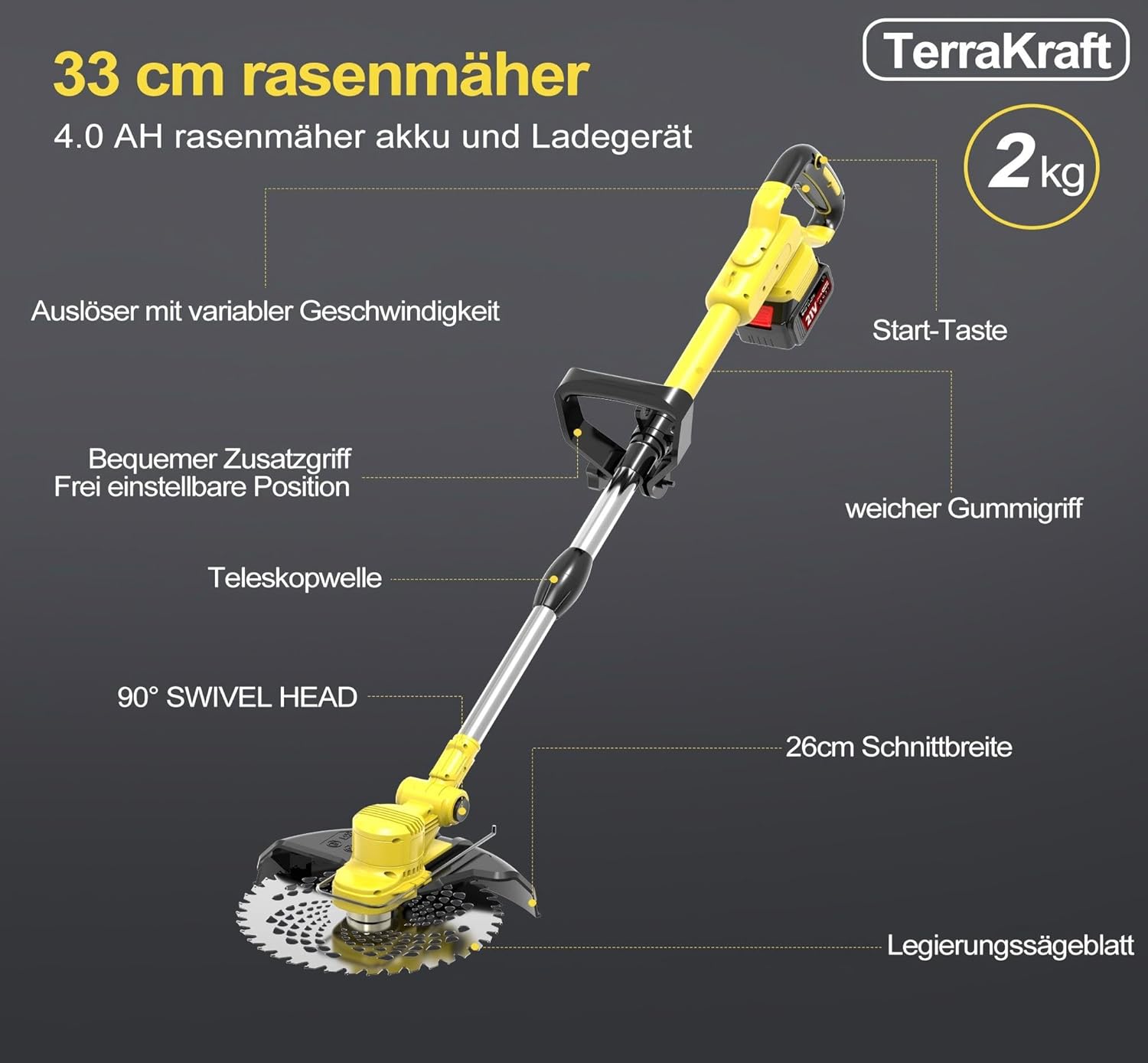 TerraKraft 21V Rasentrimmer mit Akku, 750w Akkus Rasentrimmer, Freischneider Akkus, Die Teleskophöhe 100cm - 145cm Motorsense Akkus, 90° Trimmwinkel(Inkl2 x 4,0Ah Akku) (Gelb) 2 TerraKraft 21V Rasentrimmer mit Akku, 750w Akkus Rasentrimmer, Freischneider Akkus, Die Teleskophöhe 100cm - 145cm Motorsense Akkus, 90° Trimmwinkel(Inkl2 x 4,0Ah Akku) (Gelb) – Bild 2