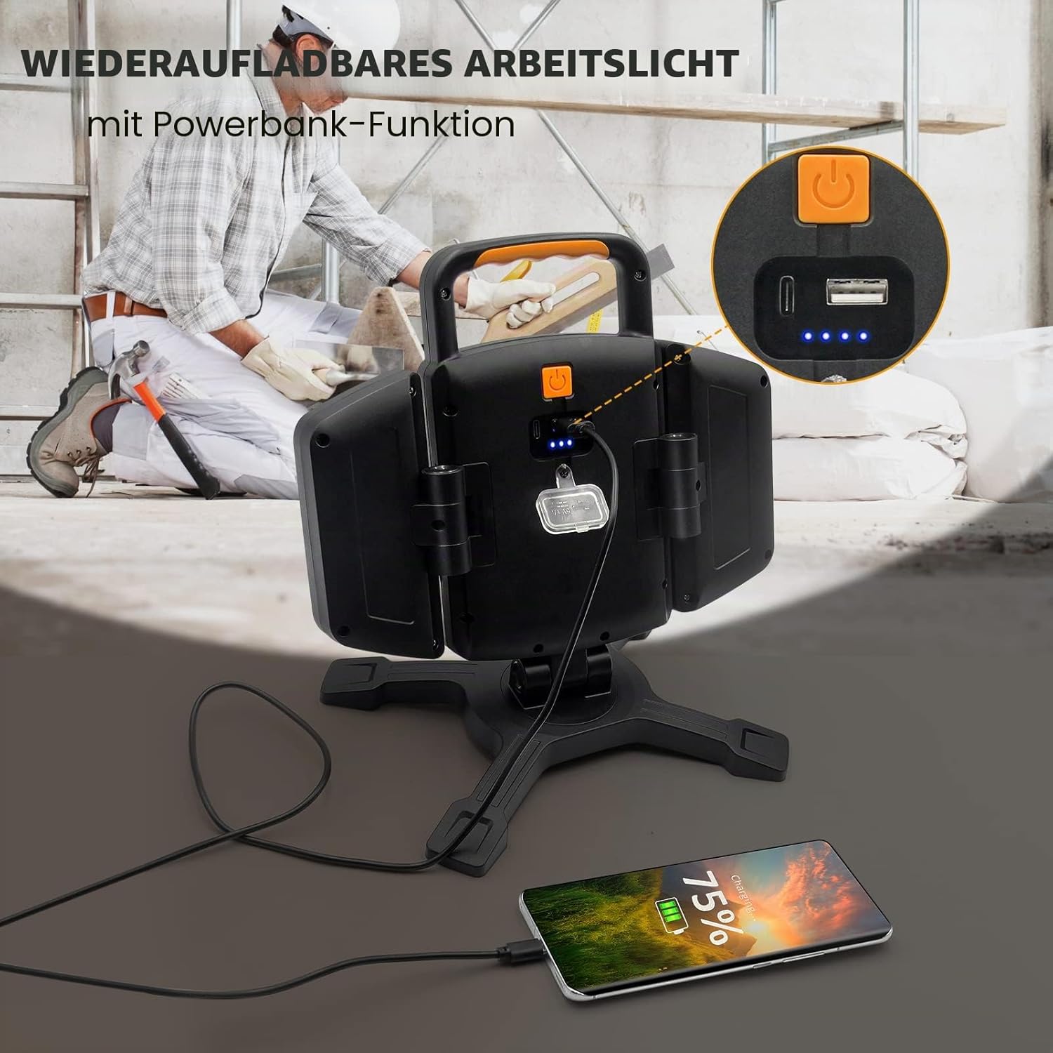 SYLSTAR LED Strahler Akku 30W, 3000LM Super Hell Baustrahler mit Magnet, 5 Lichtmodi und Powerbank, Drehbare Tragbare Wasserdichte Wiederaufladbare Arbeitsleuchte für Garage, Werkstatt 4 SYLSTAR LED Strahler Akku 30W, 3000LM Super Hell Baustrahler mit Magnet, 5 Lichtmodi und Powerbank, Drehbare Tragbare Wasserdichte Wiederaufladbare Arbeitsleuchte für Garage, Werkstatt – Bild 4