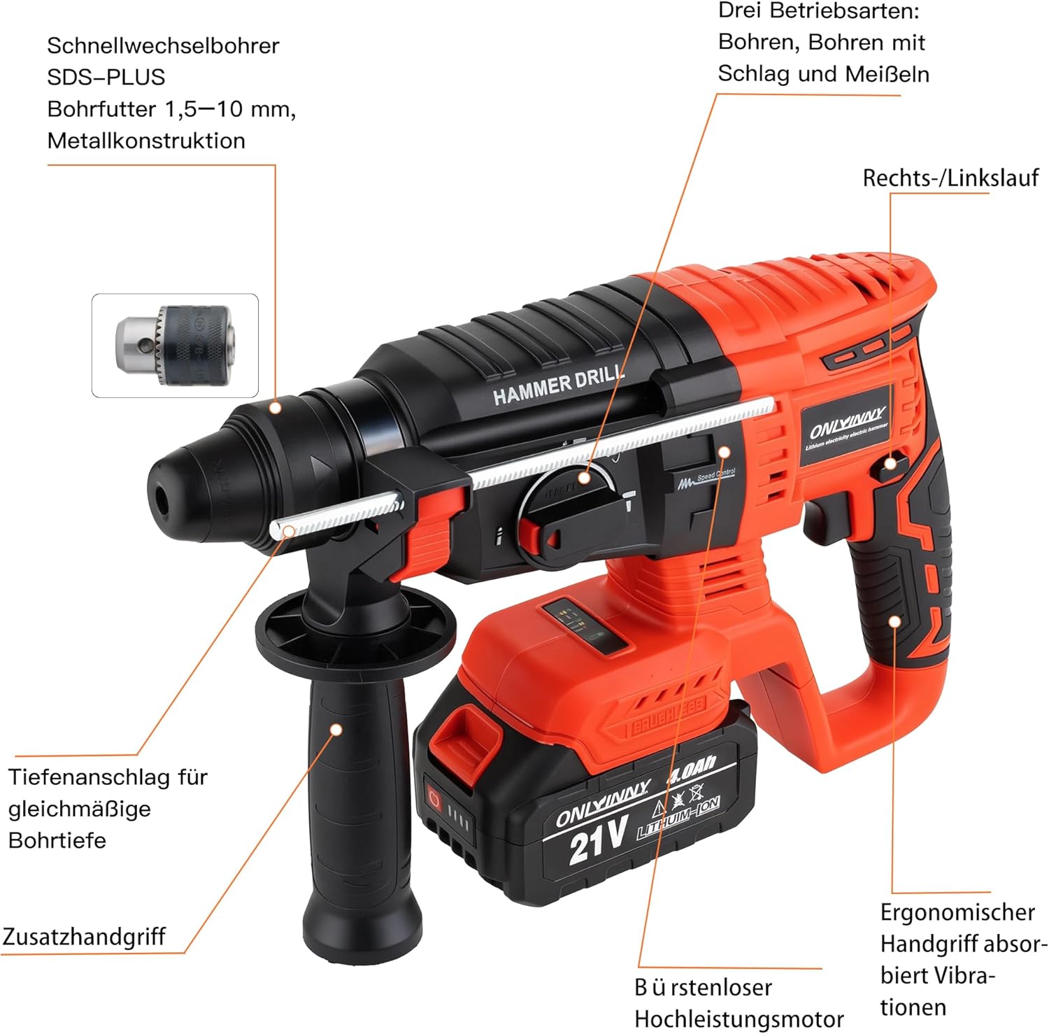 Akku Bohrhammer SDS Plus, Bürstenloser Motor Schlagbohrmaschine mit 3-in-1 Modus (Hammerbohren/Meißeln/Bohren), Kompatibel mit Makita 18V Akku, 4.0Ah 2x Akku Ladegerät im Koffer 2 Akku Bohrhammer SDS Plus, Bürstenloser Motor Schlagbohrmaschine mit 3-in-1 Modus (Hammerbohren/Meißeln/Bohren), Kompatibel mit Makita 18V Akku, 4.0Ah 2x Akku Ladegerät im Koffer – Bild 2