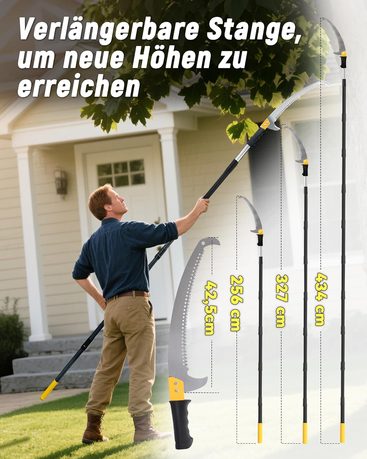 Astsägen mit Stiel zum Baumschnitt 4,3M Leichtgewichtige manuelle Edelstahlverlängerung, hohe Baumsäge mit Klinge für Trimmer, Äste, Baumschneider bei Forstwirtschaft, Hof, Garten und 2 Astsägen mit Stiel zum Baumschnitt 4,3M Leichtgewichtige manuelle Edelstahlverlängerung, hohe Baumsäge mit Klinge für Trimmer, Äste, Baumschneider bei Forstwirtschaft, Hof, Garten und – Bild 2