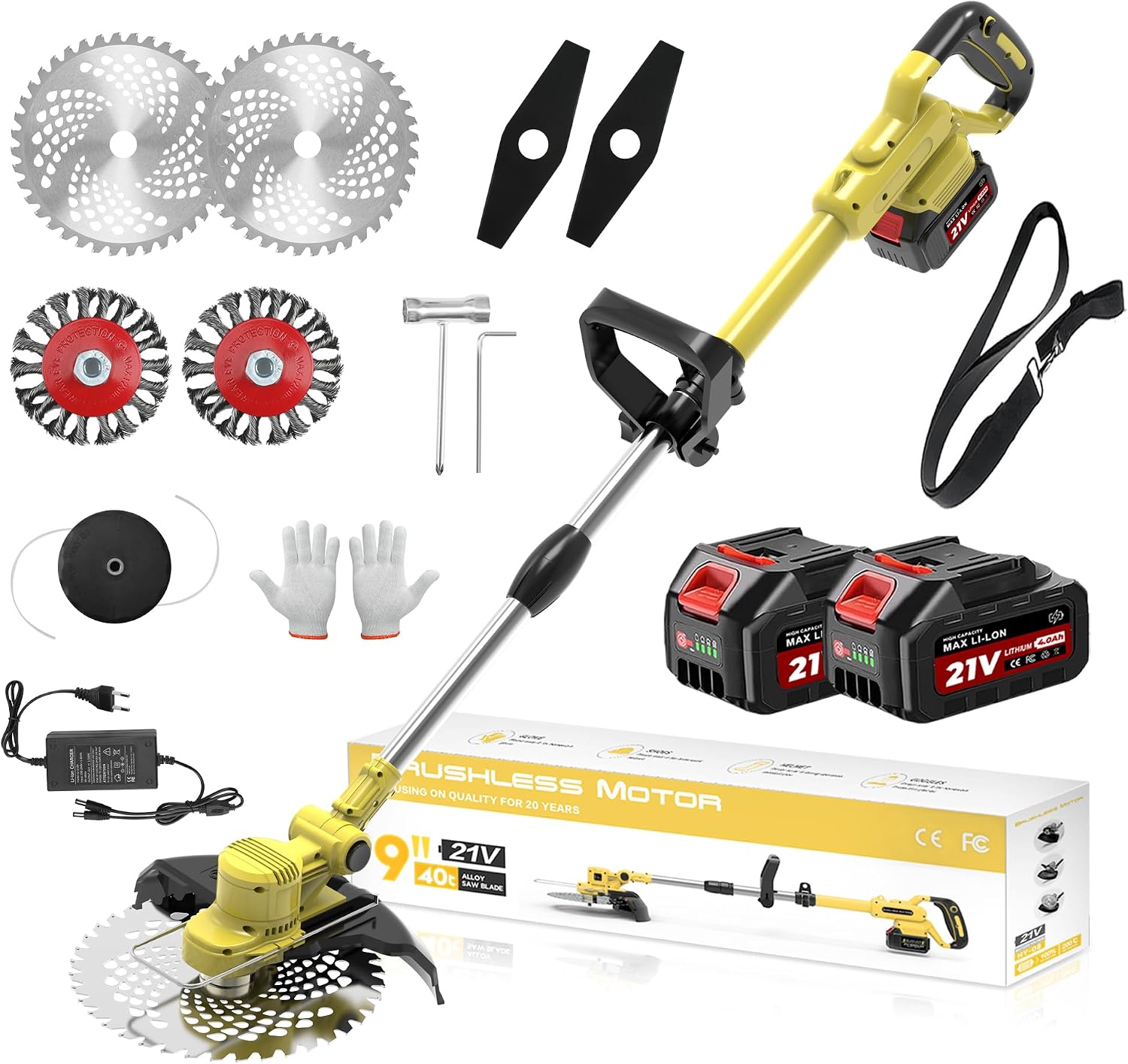 TerraKraft 21V Rasentrimmer mit Akku, 750w Akkus Rasentrimmer, Freischneider Akkus, Die Teleskophöhe 100cm - 145cm Motorsense Akkus, 90° Trimmwinkel(Inkl2 x 4,0Ah Akku) (Gelb) 1 TerraKraft 21V Rasentrimmer mit Akku, 750w Akkus Rasentrimmer, Freischneider Akkus, Die Teleskophöhe 100cm - 145cm Motorsense Akkus, 90° Trimmwinkel(Inkl2 x 4,0Ah Akku) (Gelb)
