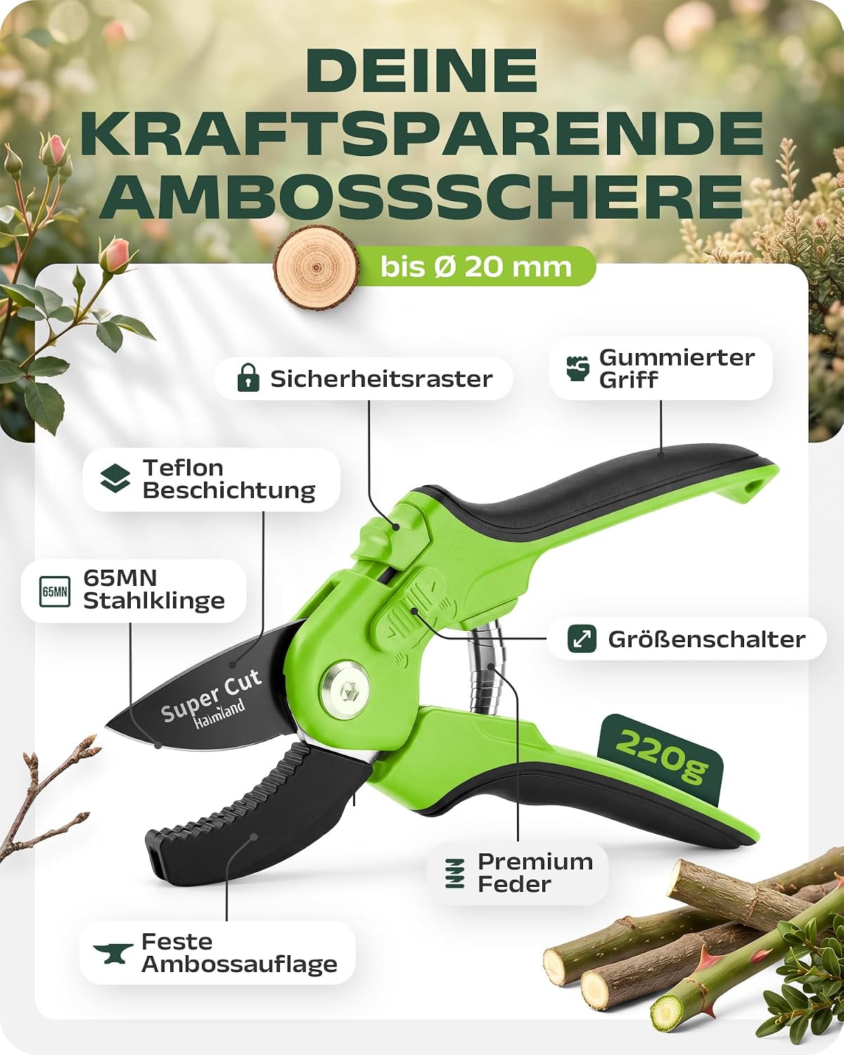 halmland® Profi-Gartenschere | Kraftsparende Astschere mit Amboss – perfekt für harte Äste | vielseitige Rosenschere und praktische Pflanzenschere | Baumschere für Garten, Sträucher und Obstbäume 4 halmland® Profi-Gartenschere | Kraftsparende Astschere mit Amboss – perfekt für harte Äste | vielseitige Rosenschere und praktische Pflanzenschere | Baumschere für Garten, Sträucher und Obstbäume – Bild 4