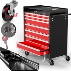 TIMBERTECH® Werkstattwagen auf Rollen - leer, 7 Schubladen mit Einlagen, abschließbar, Feststellbremse, aus Stahl, Rot-Schwarz-Werkzeugwagen, Montagewagen, Rollwagen für Werkstatt Werkzeug Zubehör