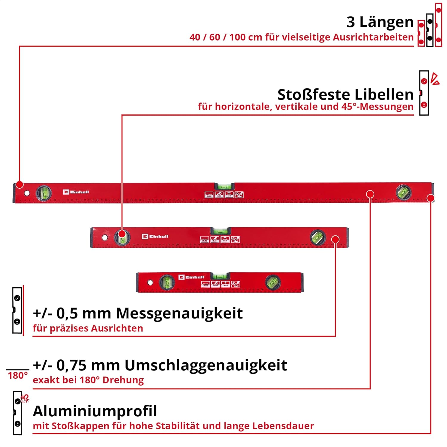 Einhell 3-tlg. Basic Wasserwaagen-Set | 40 / 60 / 100 cm | 3 Libellen | geschliffene Messfläche | ±0,5 mm/m Messgenauigkeit | Aluminiumprofil | Stoßkappen 2 Einhell 3-tlg. Basic Wasserwaagen-Set | 40 / 60 / 100 cm | 3 Libellen | geschliffene Messfläche | ±0,5 mm/m Messgenauigkeit | Aluminiumprofil | Stoßkappen – Bild 2