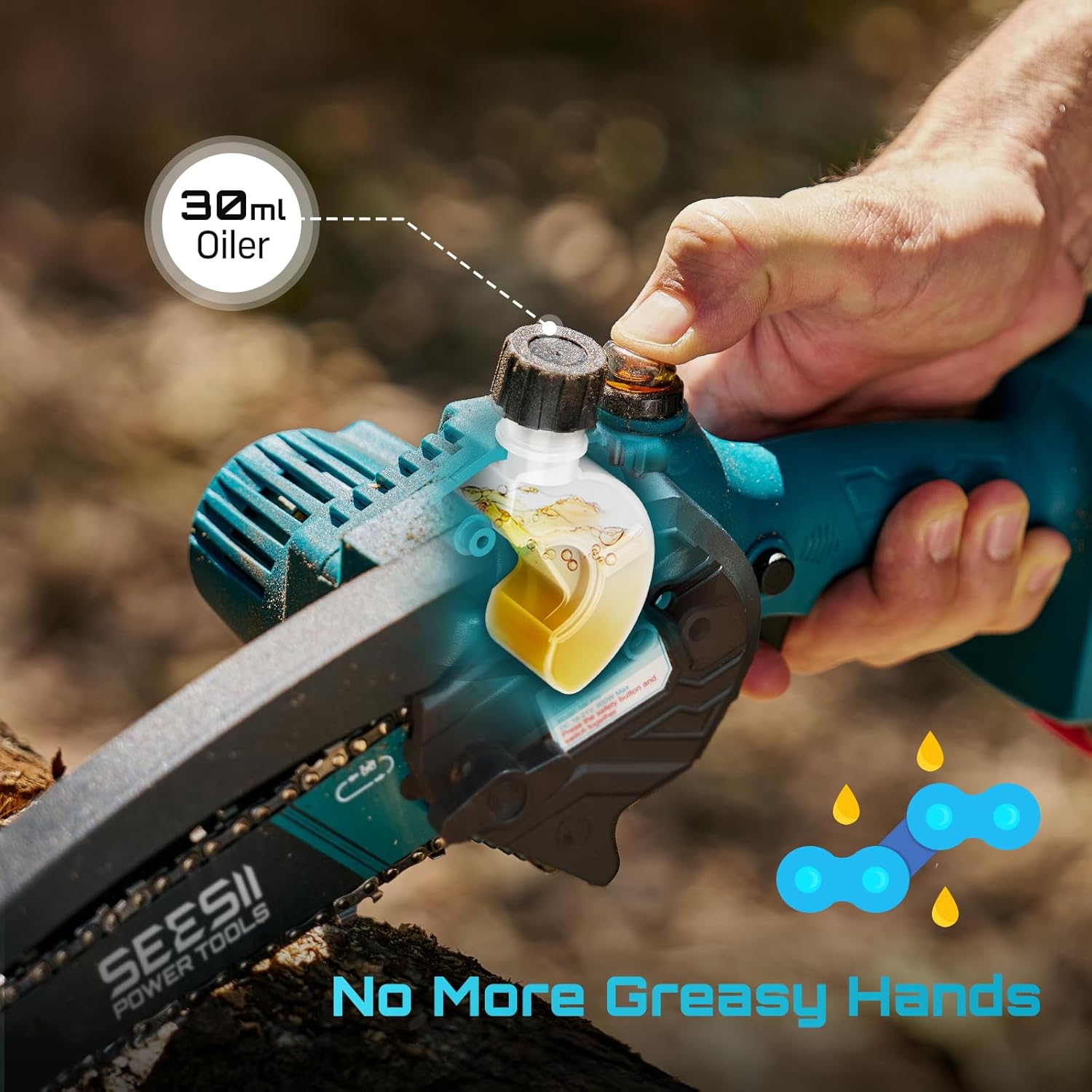 SEESII Mini Kettensäge mit Akku 8000mAh 6 Zoll, Akku Kettensäge mit Automatischer Öler und Ersatzkette, Handkettensäge Akku für Gartenscheren Astschere Holzschneidenz 5 SEESII Mini Kettensäge mit Akku 8000mAh 6 Zoll, Akku Kettensäge mit Automatischer Öler und Ersatzkette, Handkettensäge Akku für Gartenscheren Astschere Holzschneidenz – Bild 5
