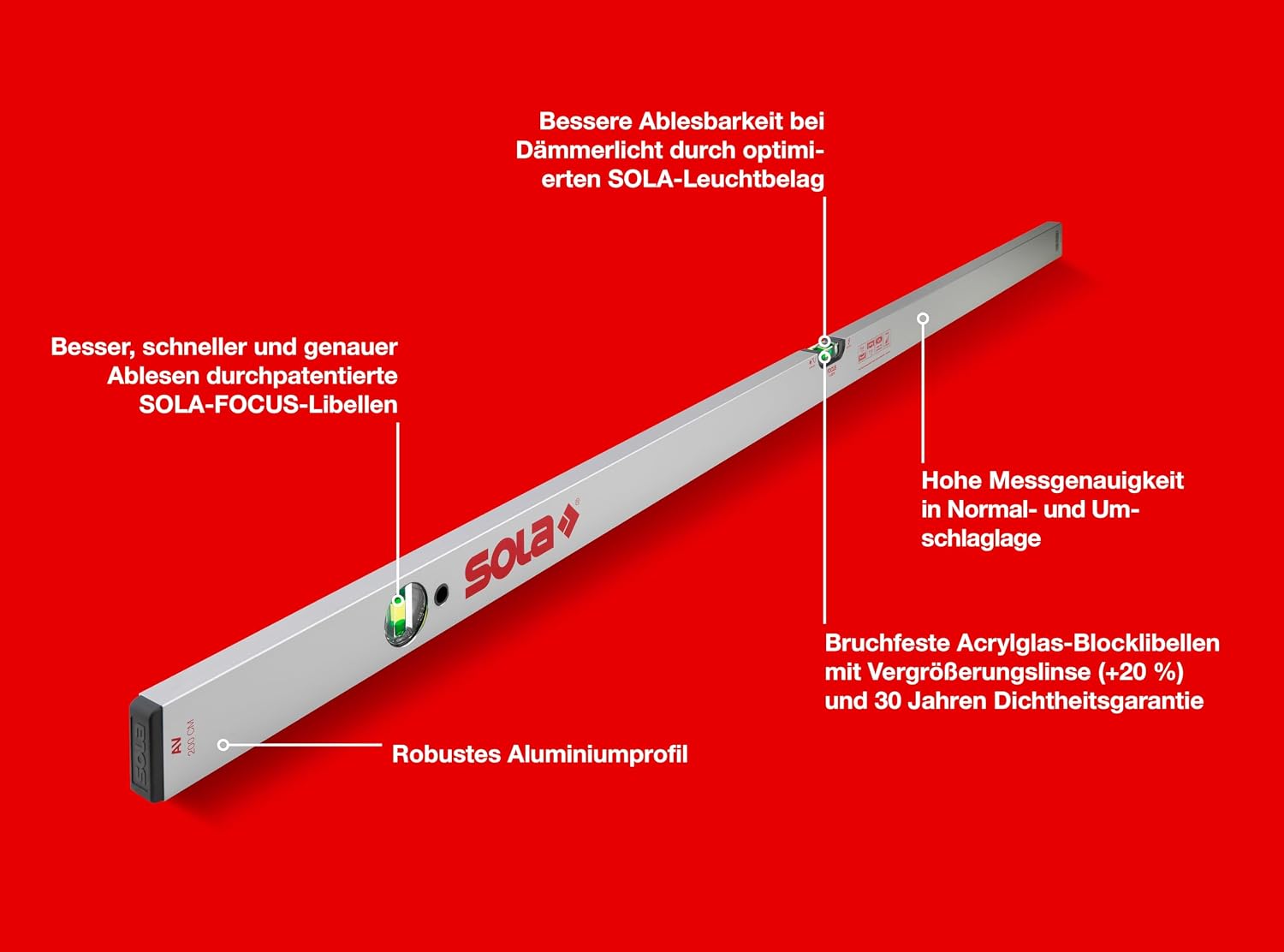 SOLA AV Wasserwaage 200cm - Präzise Wasserwaage für Profis, Patentierte SOLA-FOCUS Libellen, Bessere Ablesbarkeit bei Dämmerlicht, Robustes Aluminiumprofil, 30 Jahre Dichtheitsgarantie 2 SOLA AV Wasserwaage 200cm - Präzise Wasserwaage für Profis, Patentierte SOLA-FOCUS Libellen, Bessere Ablesbarkeit bei Dämmerlicht, Robustes Aluminiumprofil, 30 Jahre Dichtheitsgarantie – Bild 2