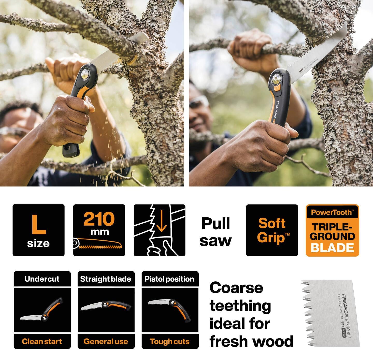 Fiskars Plus Klappsäge, Für dicke Stämme und Äste, 3 Schneidpositionen, Scharfes Power Tooth-Blatt, Grobzahnung, Blattlänge: 21 cm, Schwarz/Orange, SW69, 1067553 2 Fiskars Plus Klappsäge, Für dicke Stämme und Äste, 3 Schneidpositionen, Scharfes Power Tooth-Blatt, Grobzahnung, Blattlänge: 21 cm, Schwarz/Orange, SW69, 1067553 – Bild 2