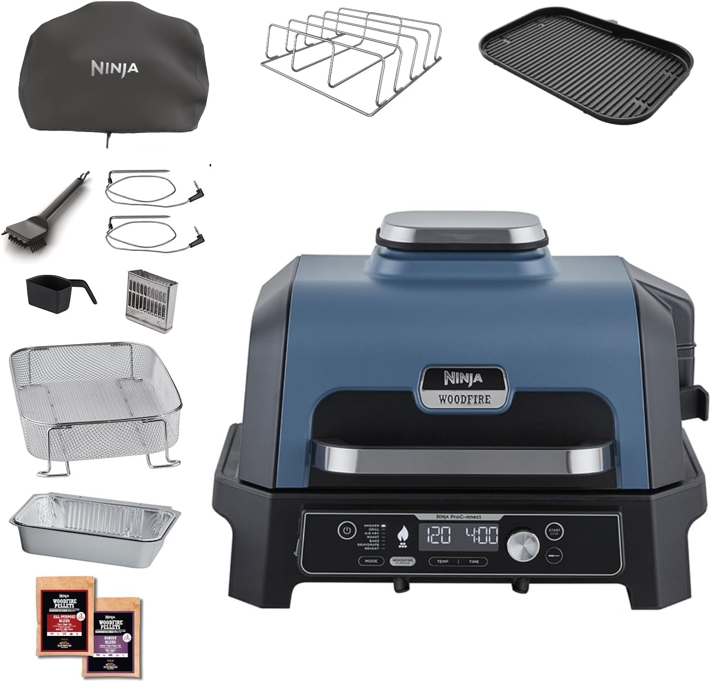 Ninja Woodfire Pro Connect XL Elektrischer BBQ Smoker Grill, App-Steuerung, digitaler Temperaturfühler, Rippenrost, Deckel, großer 7-in-1 Outdoor Grill & Heißluftfritteuse, blau & schwarz OG901EUAMZ 1 Ninja Woodfire Pro Connect XL Elektrischer BBQ Smoker Grill, App-Steuerung, digitaler Temperaturfühler, Rippenrost, Deckel, großer 7-in-1 Outdoor Grill & Heißluftfritteuse, blau & schwarz OG901EUAMZ
