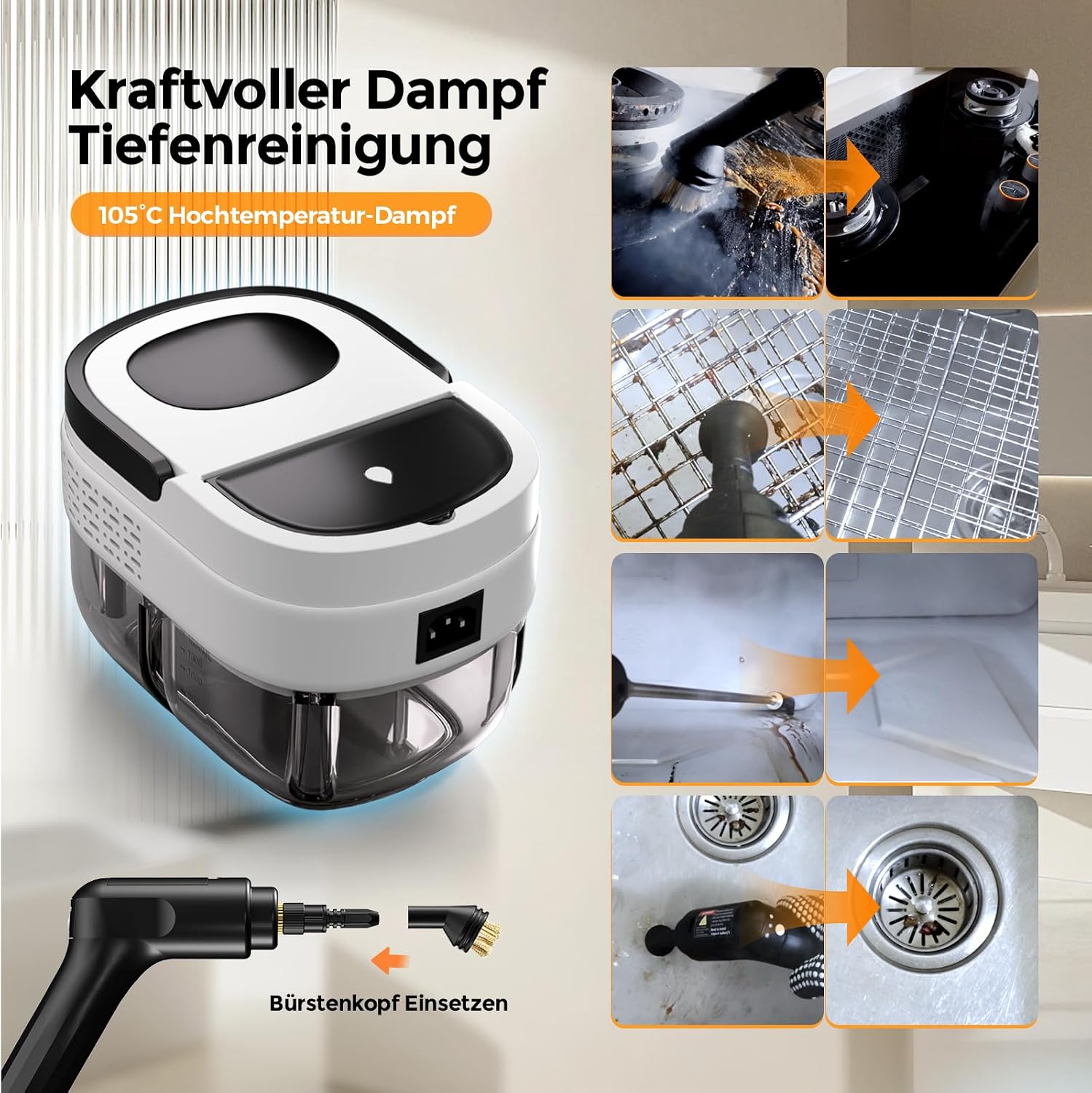 Dampfreiniger Handgerät, 3-stufiger verstellbarer Griff, 1,6L Wassertank | 15s Aufheizzeit, 15 Zubehörteilen, Hochdruck Dampfreiniger für Alles, Steam Cleaner für Küche, Bad, Polster, Auto, Fenster 5 Dampfreiniger Handgerät, 3-stufiger verstellbarer Griff, 1,6L Wassertank | 15s Aufheizzeit, 15 Zubehörteilen, Hochdruck Dampfreiniger für Alles, Steam Cleaner für Küche, Bad, Polster, Auto, Fenster – Bild 5