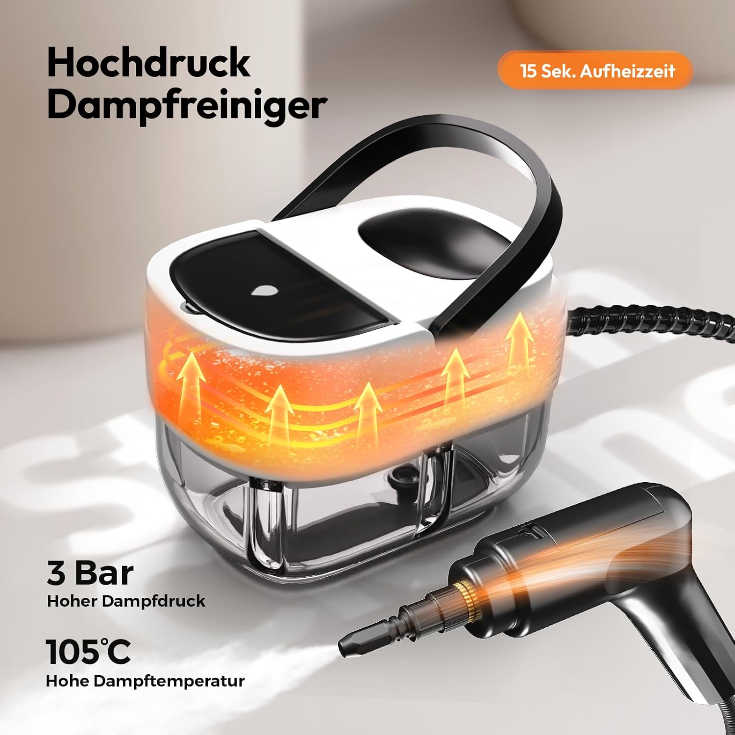 Dampfreiniger Handgerät, 3-stufiger verstellbarer Griff, 1,6L Wassertank | 15s Aufheizzeit, 15 Zubehörteilen, Hochdruck Dampfreiniger für Alles, Steam Cleaner für Küche, Bad, Polster, Auto, Fenster 3 Dampfreiniger Handgerät, 3-stufiger verstellbarer Griff, 1,6L Wassertank | 15s Aufheizzeit, 15 Zubehörteilen, Hochdruck Dampfreiniger für Alles, Steam Cleaner für Küche, Bad, Polster, Auto, Fenster – Bild 3