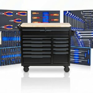 TRUTZHOLM Werkstattwagen Star XL 12 Schubladen komplett gefüllt mit Werkzeug 361 TLG. Hartholz-Arbeitsplatte Profi Werkzeugwagen schwarz/grau 103 x 112 cm mit Feststellbremsen, abschließbar