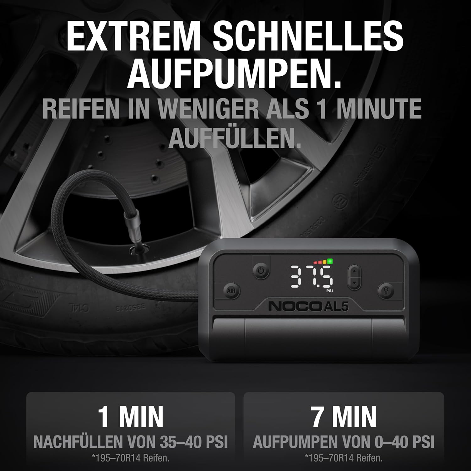 NOCO Air AL5: UltraSchnelle 5A Akku-Luftpumpe – Tragbarer Akku-Kompressor – 17 SLPM Luftstrom, 0–40 PSI in 7 Min – Digitales Manometer + automatische Abschaltung 4 NOCO Air AL5: UltraSchnelle 5A Akku-Luftpumpe – Tragbarer Akku-Kompressor – 17 SLPM Luftstrom, 0–40 PSI in 7 Min – Digitales Manometer + automatische Abschaltung – Bild 4