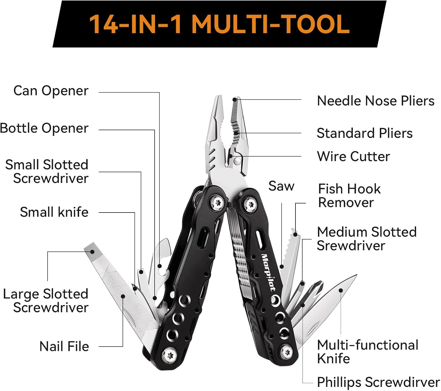 morpilot Multitool Werkzeug, 25 in 1 Faltbares Edelstahl Multifunktionale Zange, Multitools als Schneider, Flaschenöffner und Karabiner, mit 11 Schraubendreher Bits und Gurtcliptasche 2 morpilot Multitool Werkzeug, 25 in 1 Faltbares Edelstahl Multifunktionale Zange, Multitools als Schneider, Flaschenöffner und Karabiner, mit 11 Schraubendreher Bits und Gurtcliptasche – Bild 2