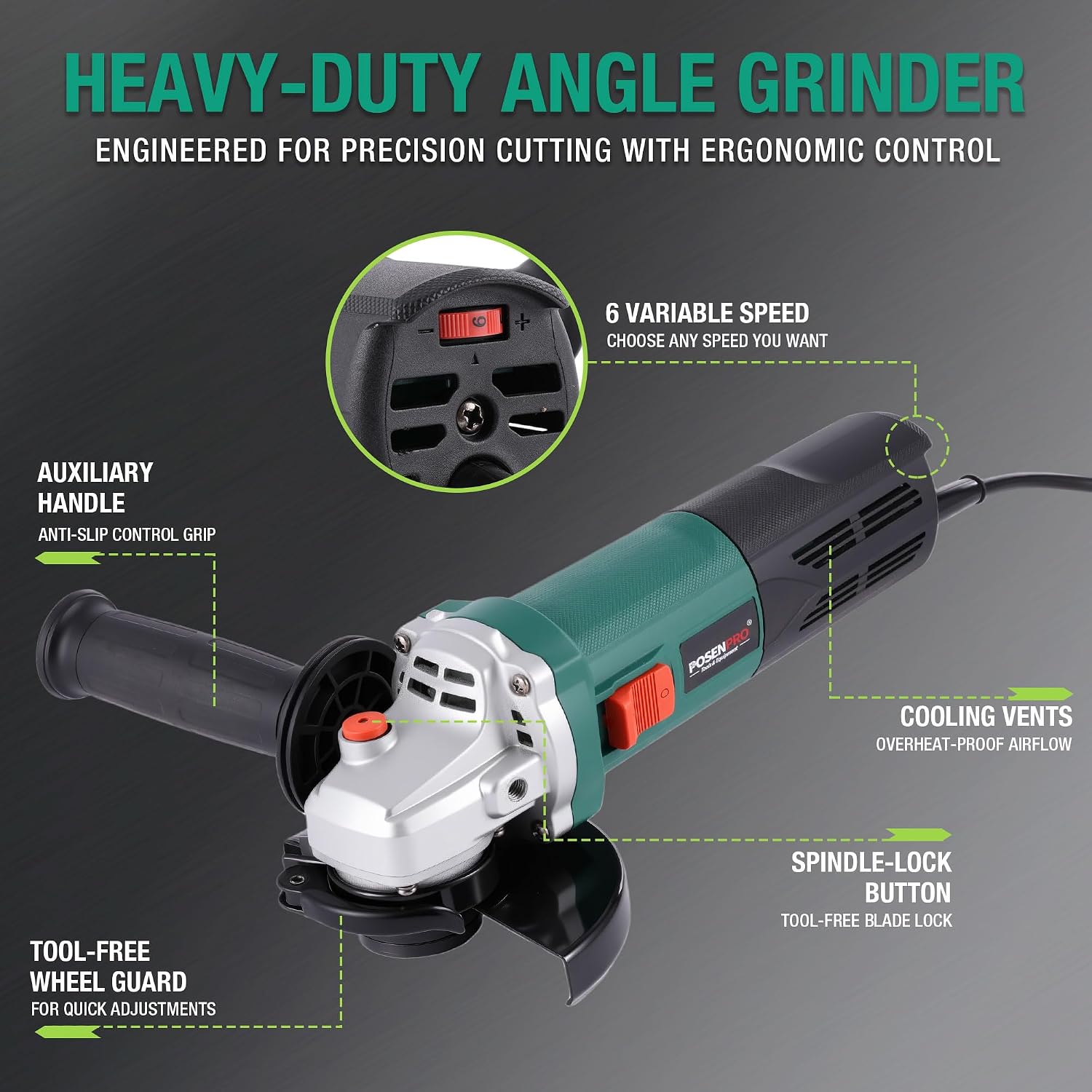 POSENPRO 1200W Winkelschleifer Schleifer Trennschleifer 125mm, Elektro-Winkelschleifer mit Kabel, 3000-12.000 1/min mit 6 Geschwindigkeiten, zum Schneiden, Schleifen und Polieren 2 POSENPRO 1200W Winkelschleifer Schleifer Trennschleifer 125mm, Elektro-Winkelschleifer mit Kabel, 3000-12.000 1/min mit 6 Geschwindigkeiten, zum Schneiden, Schleifen und Polieren – Bild 2