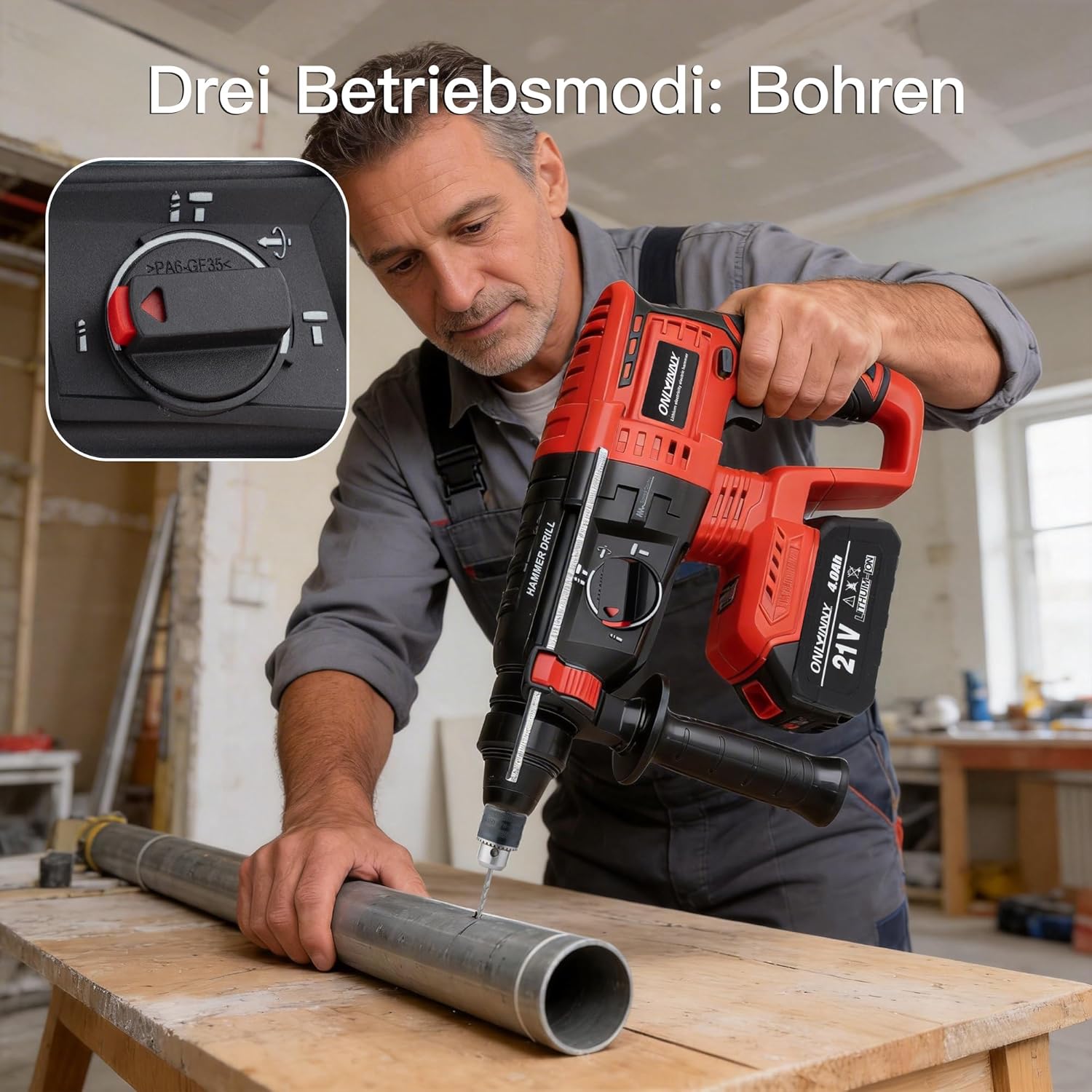 Akku Bohrhammer SDS Plus, Bürstenloser Motor Schlagbohrmaschine mit 3-in-1 Modus (Hammerbohren/Meißeln/Bohren), Kompatibel mit Makita 18V Akku, 4.0Ah 2x Akku Ladegerät im Koffer 3 Akku Bohrhammer SDS Plus, Bürstenloser Motor Schlagbohrmaschine mit 3-in-1 Modus (Hammerbohren/Meißeln/Bohren), Kompatibel mit Makita 18V Akku, 4.0Ah 2x Akku Ladegerät im Koffer – Bild 3