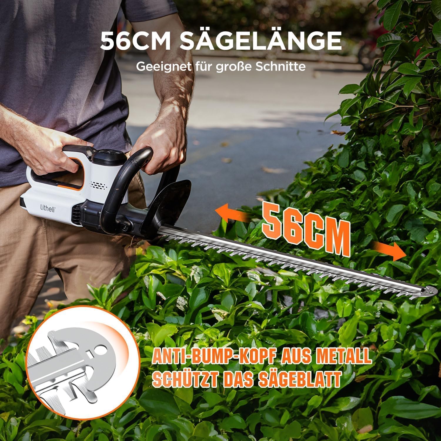 Litheli Heckenschere Akku, mit 2x10000 mAh Akkus, 51 cm Schnittlänge, Anschlagschutz, ergonomischer Griff, für Sträucherschneiden Gartenpflege, Hedge Trimmer, Zwei Akkus 4 Litheli Heckenschere Akku, mit 2x10000 mAh Akkus, 51 cm Schnittlänge, Anschlagschutz, ergonomischer Griff, für Sträucherschneiden Gartenpflege, Hedge Trimmer, Zwei Akkus – Bild 4