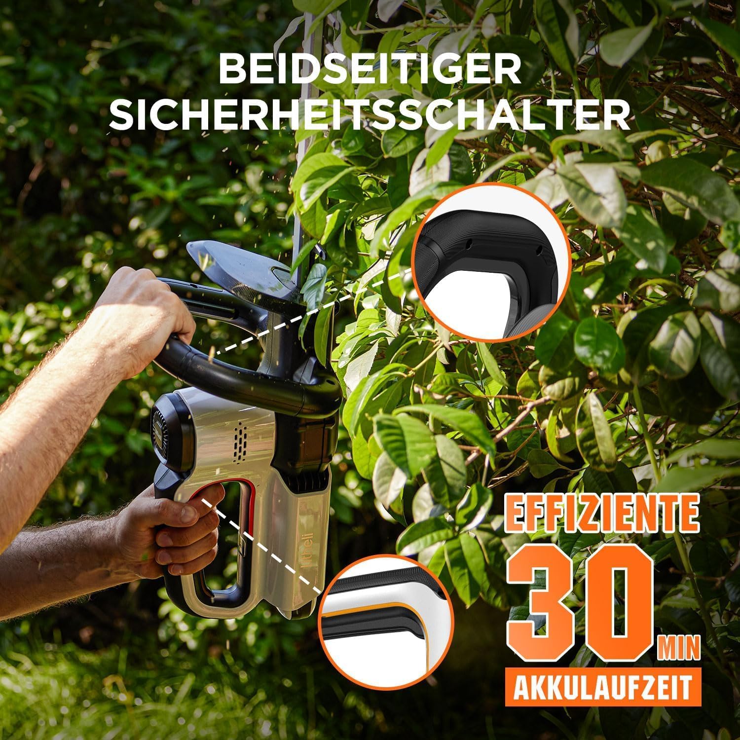 Litheli Heckenschere Akku, mit 2x10000 mAh Akkus, 51 cm Schnittlänge, Anschlagschutz, ergonomischer Griff, für Sträucherschneiden Gartenpflege, Hedge Trimmer, Zwei Akkus 3 Litheli Heckenschere Akku, mit 2x10000 mAh Akkus, 51 cm Schnittlänge, Anschlagschutz, ergonomischer Griff, für Sträucherschneiden Gartenpflege, Hedge Trimmer, Zwei Akkus – Bild 3