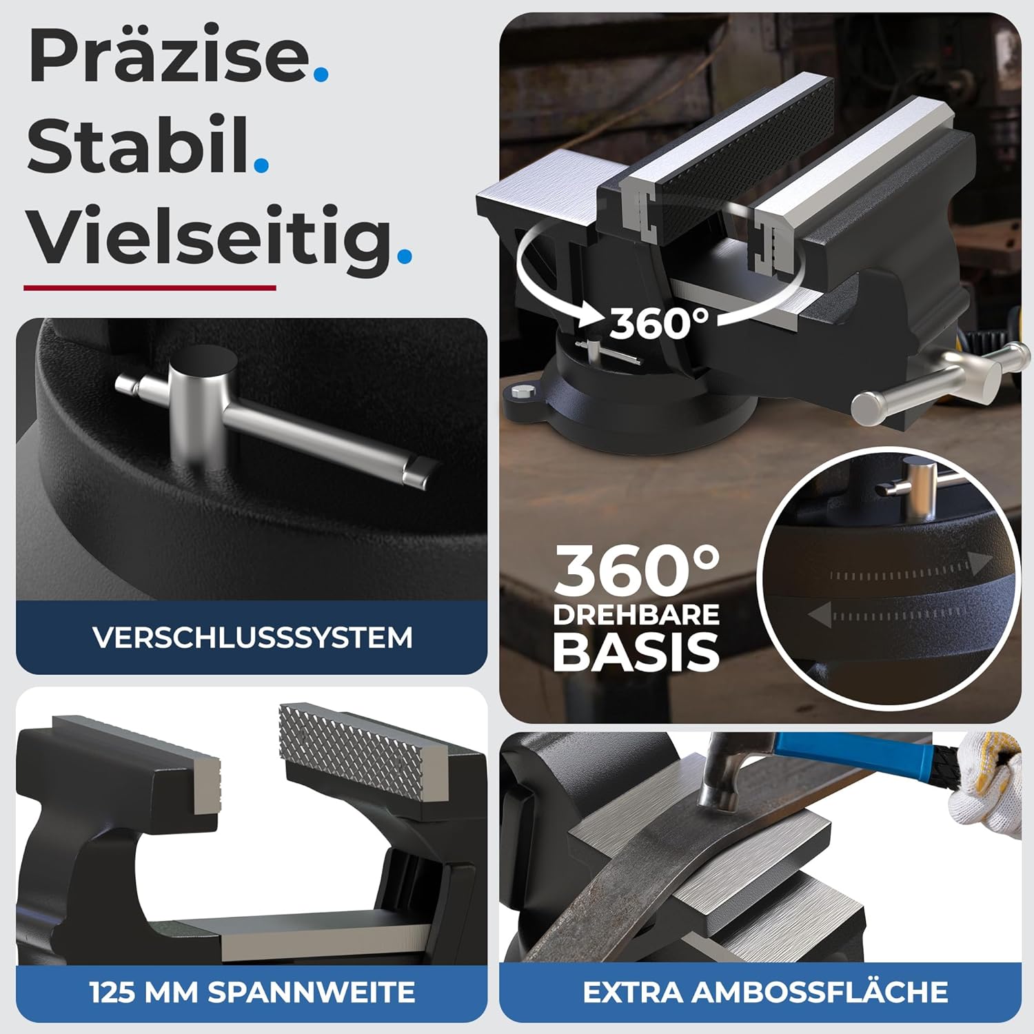 Profi Schraubstock 125mm aus Kugelgraphit-Gusseisen (Unzerbrechlich) | 360° Drehbar mit Amboss | Hohe Spannkraft & Inkl. Befestigungsschrauben | Robuster Werkstatt Parallelschraubstock 3 Profi Schraubstock 125mm aus Kugelgraphit-Gusseisen (Unzerbrechlich) | 360° Drehbar mit Amboss | Hohe Spannkraft & Inkl. Befestigungsschrauben | Robuster Werkstatt Parallelschraubstock – Bild 3