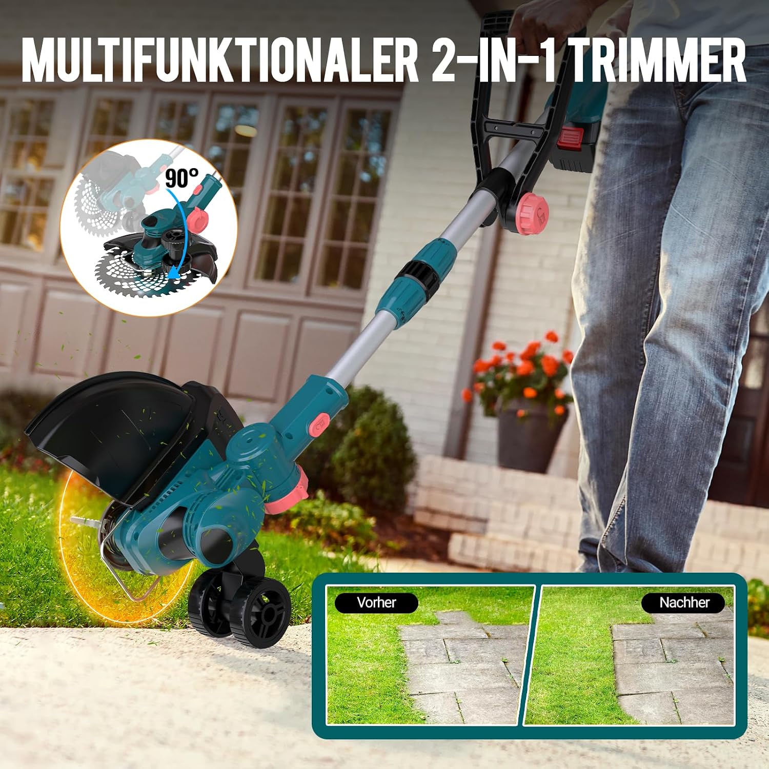 Akku Rasentrimmer mit Akku und Ladegerät, 21V Rasentrimmer für Makita Akku, Freischneider Akku - Inkl. 2 X 4.0Ah Batterie, Rasentrimmer mit Unkrautbürste, 90° Schwenkbarer Kopf, für Garten (Blau) 2 Akku Rasentrimmer mit Akku und Ladegerät, 21V Rasentrimmer für Makita Akku, Freischneider Akku - Inkl. 2 X 4.0Ah Batterie, Rasentrimmer mit Unkrautbürste, 90° Schwenkbarer Kopf, für Garten (Blau) – Bild 2