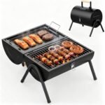 KEYO GRILL Tragbarer Camping Holzkohlegrill - Kleiner Outdoor BBQ Grill mit Doppel Grillfläche & Emaille-Pfanne, Multifunktionaler Smoker für Strand, Wohnwagen, Garten und Partys