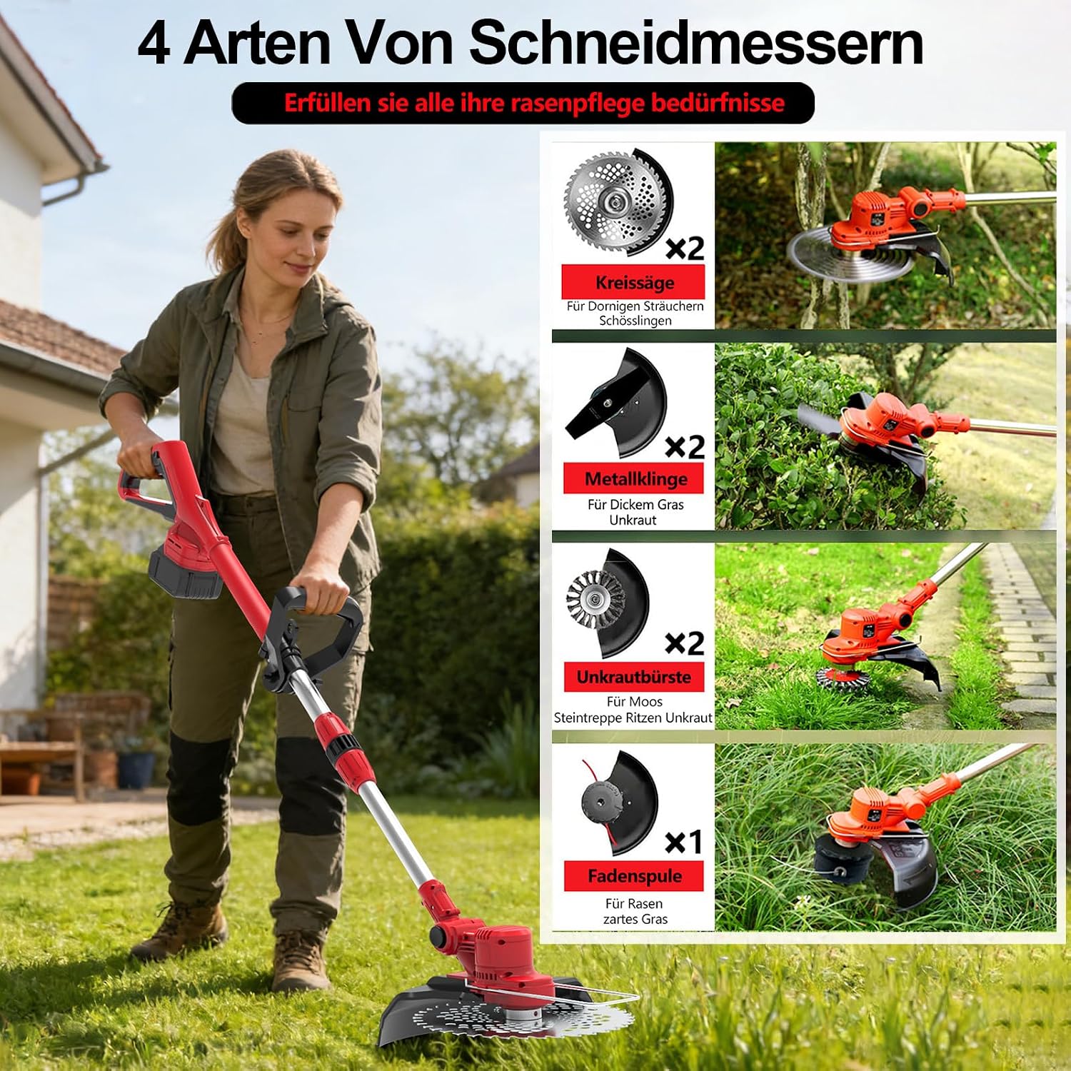 Rasentrimmer mit Akku,Akku Rasentrimmer für Makita-Akkus,21V Freischneider mit 2 Stück 4,0Ah Akkus & Ladegerät,4-In-1 Rasentrimmer mit UnkrautbüRste,für Rasen, Rasenkanten & Unkraut,Rot 2 Rasentrimmer mit Akku,Akku Rasentrimmer für Makita-Akkus,21V Freischneider mit 2 Stück 4,0Ah Akkus & Ladegerät,4-In-1 Rasentrimmer mit UnkrautbüRste,für Rasen, Rasenkanten & Unkraut,Rot – Bild 2