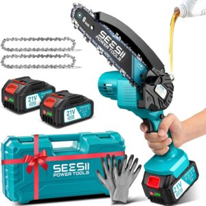 SEESII Mini Kettensäge mit Akku 8000mAh 6 Zoll, Akku Kettensäge mit Automatischer Öler und Ersatzkette, Handkettensäge Akku für Gartenscheren Astschere Holzschneidenz
