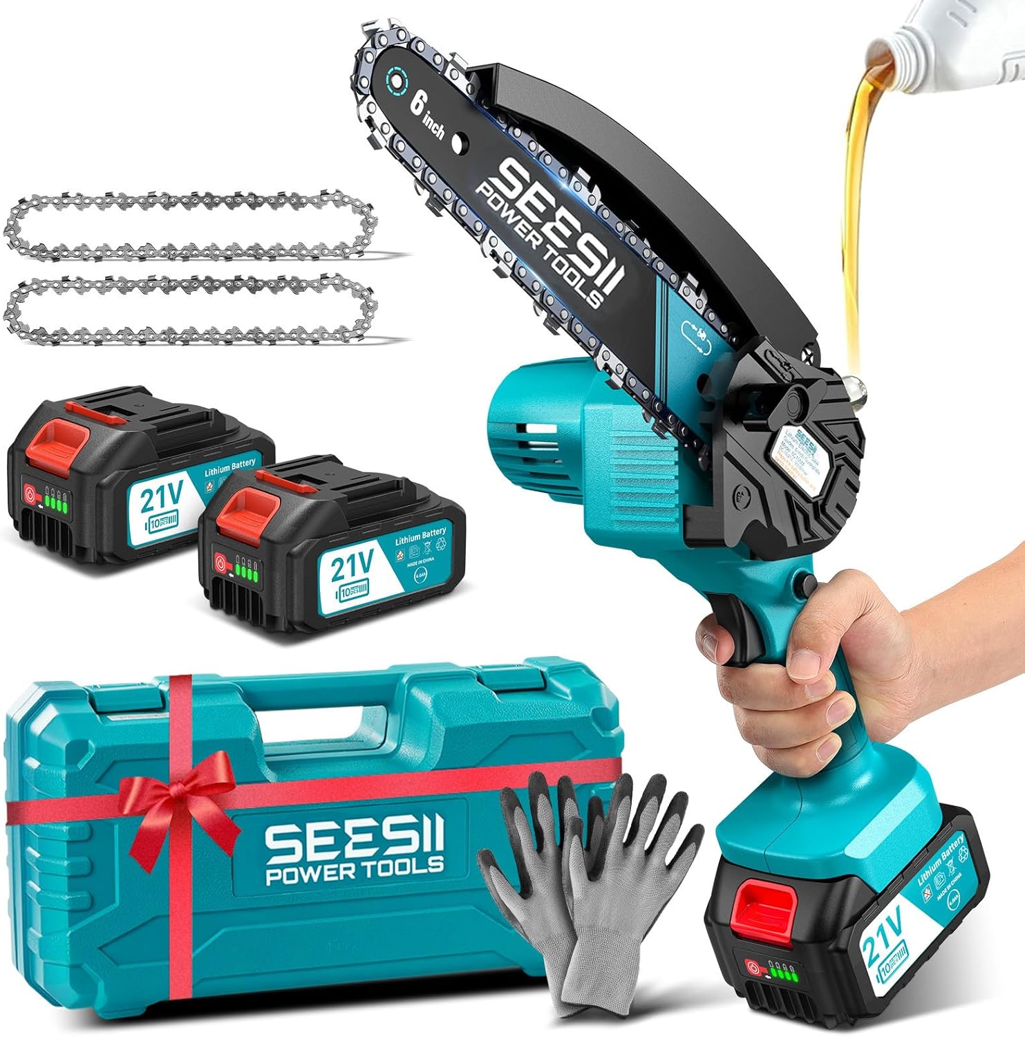 SEESII Mini Kettensäge mit Akku 8000mAh 6 Zoll, Akku Kettensäge mit Automatischer Öler und Ersatzkette, Handkettensäge Akku für Gartenscheren Astschere Holzschneidenz 1 SEESII Mini Kettensäge mit Akku 8000mAh 6 Zoll, Akku Kettensäge mit Automatischer Öler und Ersatzkette, Handkettensäge Akku für Gartenscheren Astschere Holzschneidenz