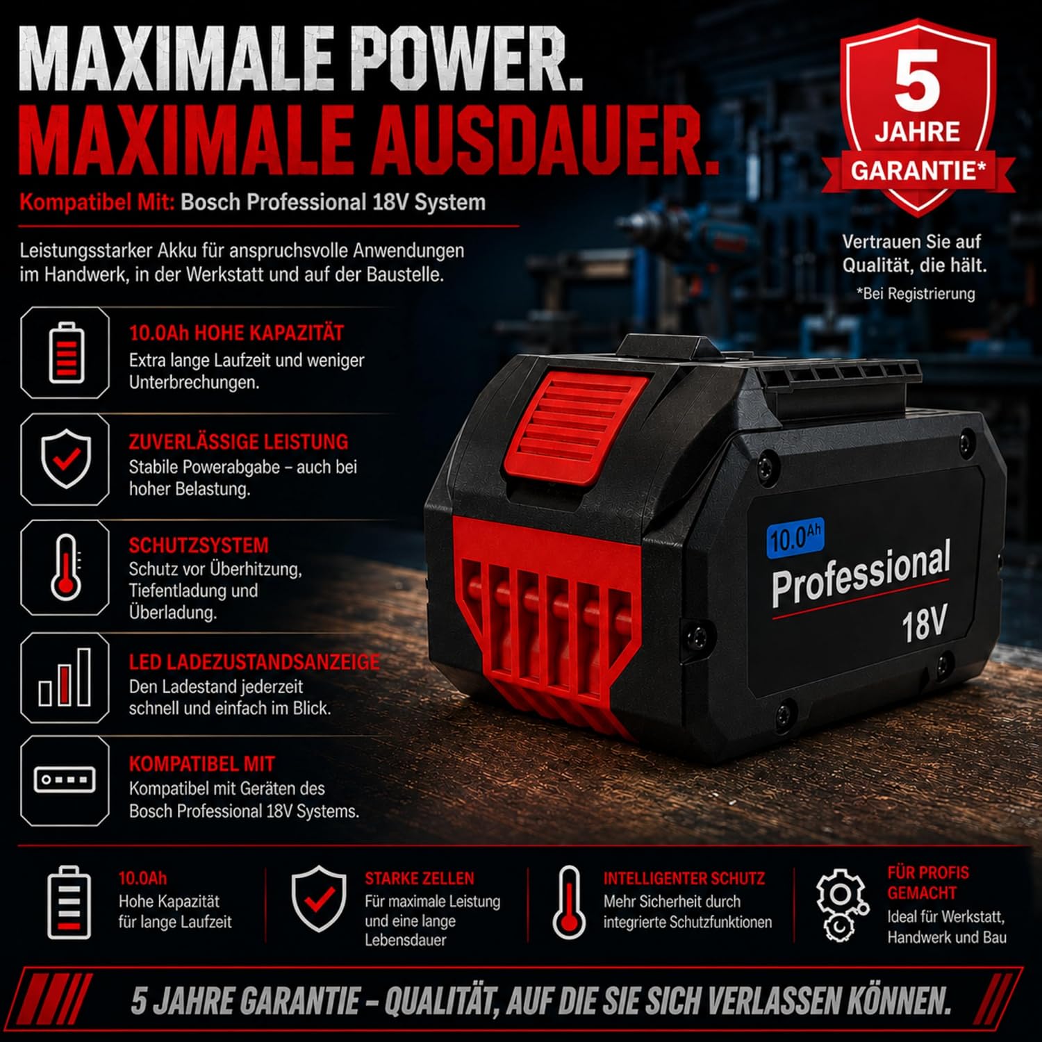 18V 10,0Ah Akku kompatibel mit Bosch Professional 18V System – Li-Ion Hochleistungsakku mit LED-Ladezustandsanzeige – Ersatzakku für 18V Elektrowerkzeuge – Überlade-, Tiefentladungs-, Kurzschluss 5 18V 10,0Ah Akku kompatibel mit Bosch Professional 18V System – Li-Ion Hochleistungsakku mit LED-Ladezustandsanzeige – Ersatzakku für 18V Elektrowerkzeuge – Überlade-, Tiefentladungs-, Kurzschluss – Bild 5