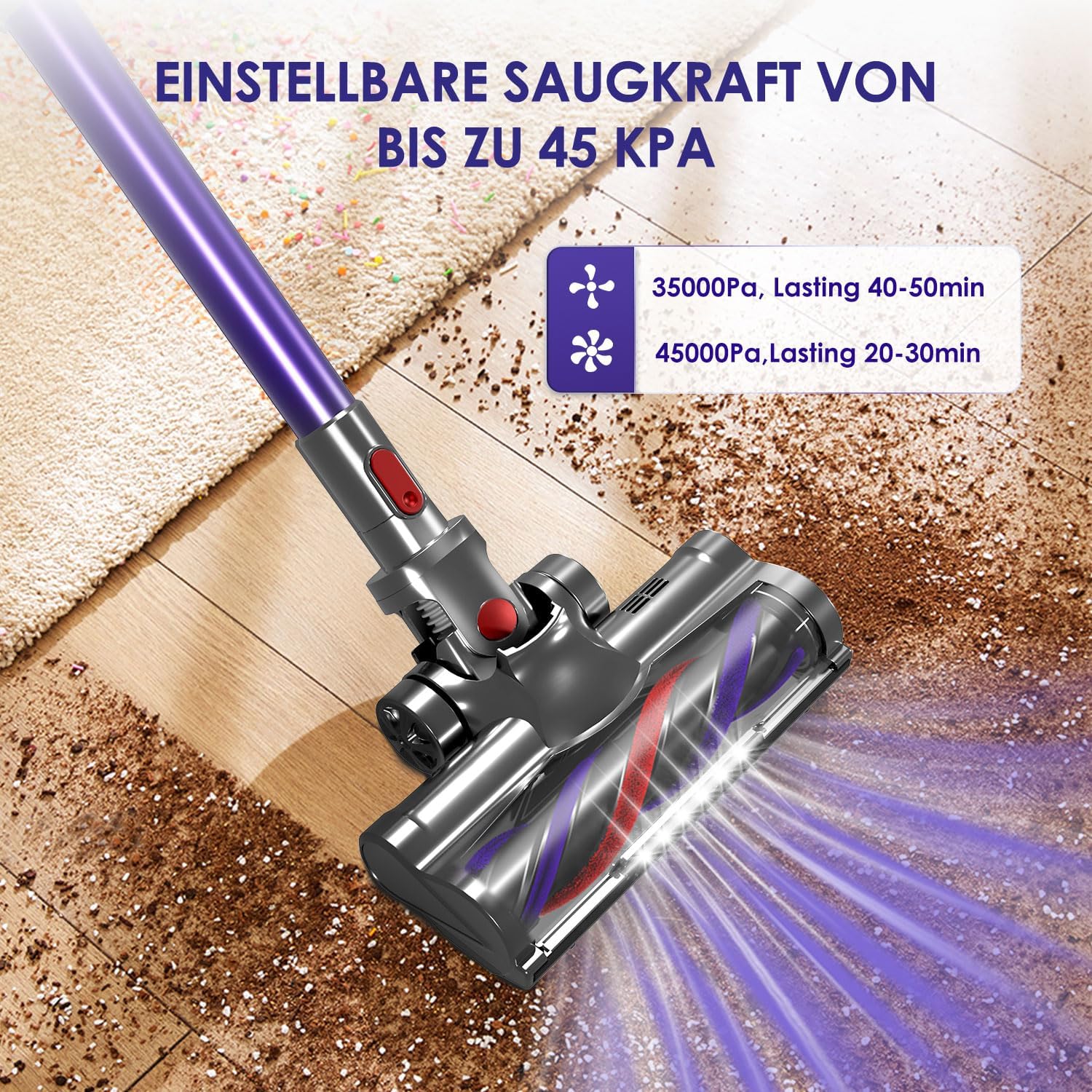 Akku Staubsauger Kabellos, 45000Pa Kabelloser Staubsauger mit Touchscreen, 50Mins, 1.6L, H13 HEPA, Anti-Tangle-Bürste, für Hartböden/Teppich/Tierhaare, Violett 2 Akku Staubsauger Kabellos, 45000Pa Kabelloser Staubsauger mit Touchscreen, 50Mins, 1.6L, H13 HEPA, Anti-Tangle-Bürste, für Hartböden/Teppich/Tierhaare, Violett – Bild 2