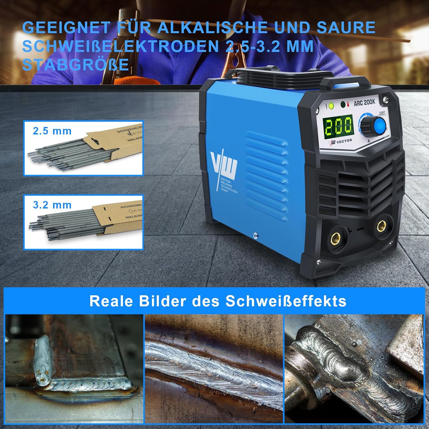 VECTOR WELDING 200A MMA Inverter Schweißgerät Set, IGBT Kompakt | ARC Einsteigergerät Schweißgerät für Stahl, Edelstahl & Gusseisen, Überhitzungsschutz, Anti-Haft für Heimwerker & Werkstatt 5 VECTOR WELDING 200A MMA Inverter Schweißgerät Set, IGBT Kompakt | ARC Einsteigergerät Schweißgerät für Stahl, Edelstahl & Gusseisen, Überhitzungsschutz, Anti-Haft für Heimwerker & Werkstatt – Bild 5