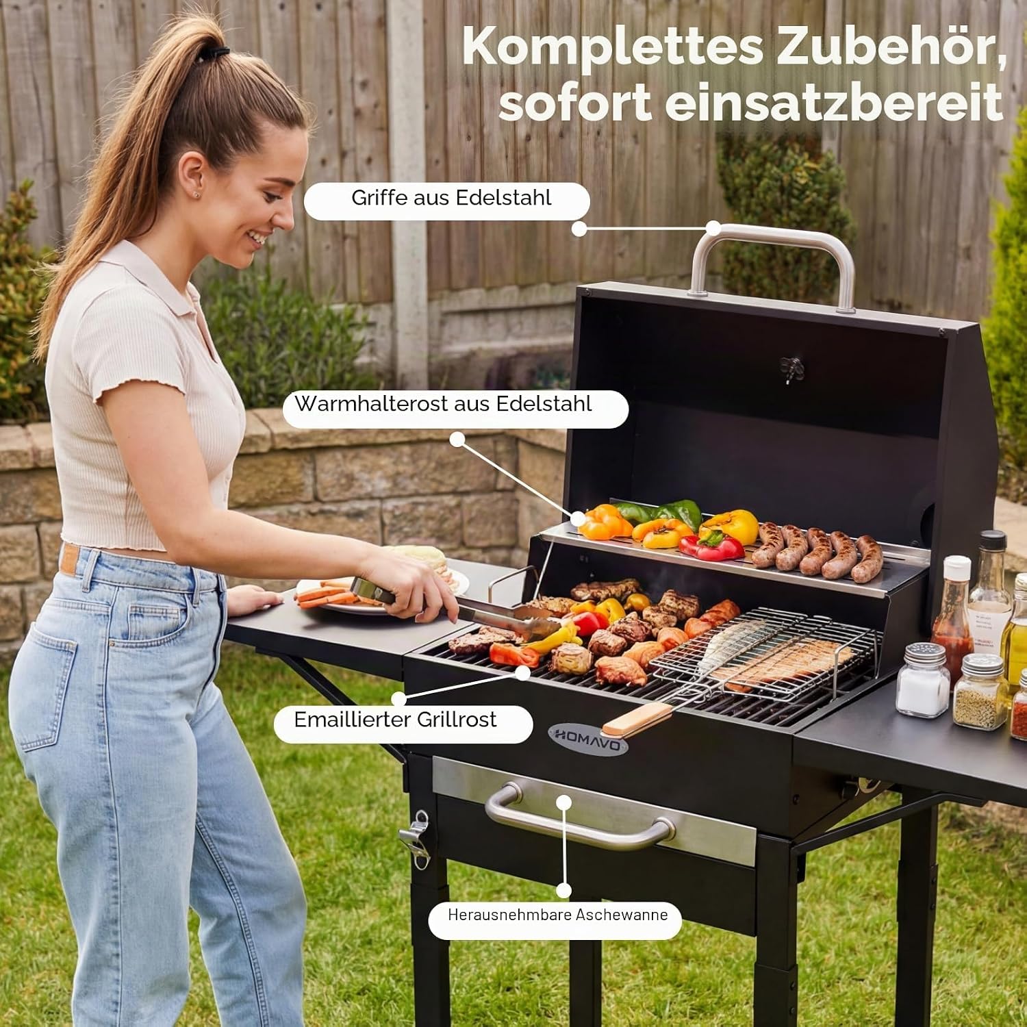 Holzkohlegrill mit Deckel und Abdeckhaube, 2-in-1 Stand- & Tischgrill, Kompakter Balkon Grillwagen, Thermometer, Warmhalterost, Wettergeschützt und Mobil 2 Holzkohlegrill mit Deckel und Abdeckhaube, 2-in-1 Stand- & Tischgrill, Kompakter Balkon Grillwagen, Thermometer, Warmhalterost, Wettergeschützt und Mobil – Bild 2
