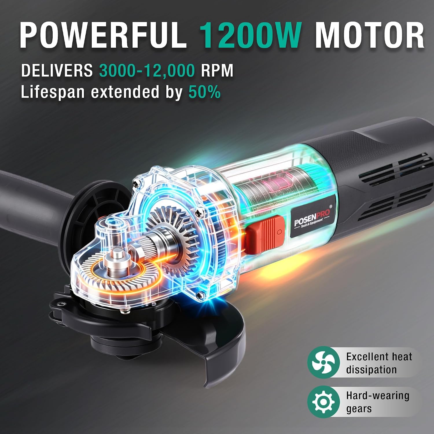POSENPRO 1200W Winkelschleifer Schleifer Trennschleifer 125mm, Elektro-Winkelschleifer mit Kabel, 3000-12.000 1/min mit 6 Geschwindigkeiten, zum Schneiden, Schleifen und Polieren 3 POSENPRO 1200W Winkelschleifer Schleifer Trennschleifer 125mm, Elektro-Winkelschleifer mit Kabel, 3000-12.000 1/min mit 6 Geschwindigkeiten, zum Schneiden, Schleifen und Polieren – Bild 3