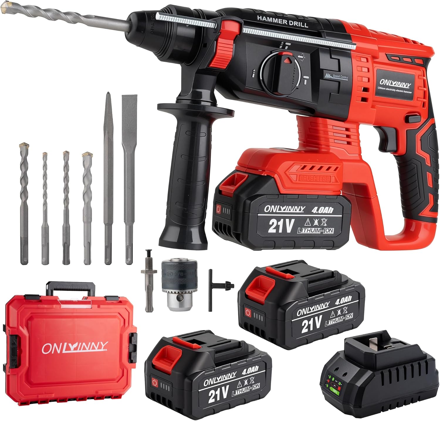 Akku Bohrhammer SDS Plus, Bürstenloser Motor Schlagbohrmaschine mit 3-in-1 Modus (Hammerbohren/Meißeln/Bohren), Kompatibel mit Makita 18V Akku, 4.0Ah 2x Akku Ladegerät im Koffer 1 Akku Bohrhammer SDS Plus, Bürstenloser Motor Schlagbohrmaschine mit 3-in-1 Modus (Hammerbohren/Meißeln/Bohren), Kompatibel mit Makita 18V Akku, 4.0Ah 2x Akku Ladegerät im Koffer